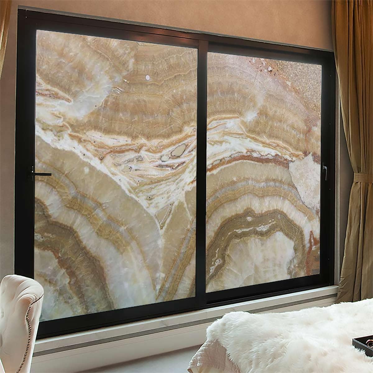 Cinnamon Grey Home Window Privacy Film Removable Frosted Glass Window Film for Home, Office, Bedroom, Shower, Marble Surreal Onyx Stone Privacy Window Film 35.4Wx63L-inch x2 Pcs