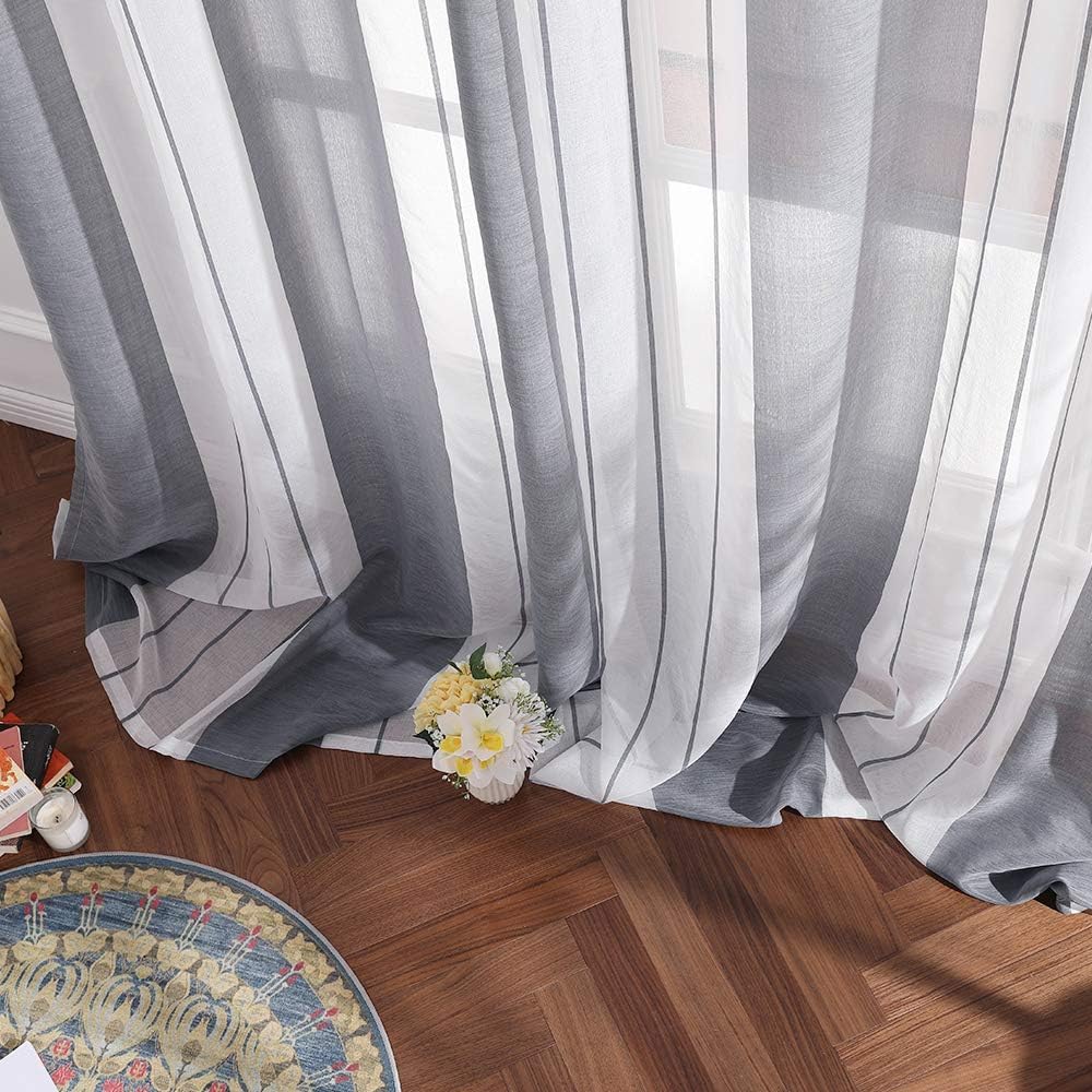 MIULEE Tende a Righe per Interni, Tende Trasparenti in Voile Tende Camera da Letto, Tenda Salotto Moderne con Anelli, Tenda a Pannello da Interno Finestra a Righe Bianche e Grigie, 2x 140270x CM