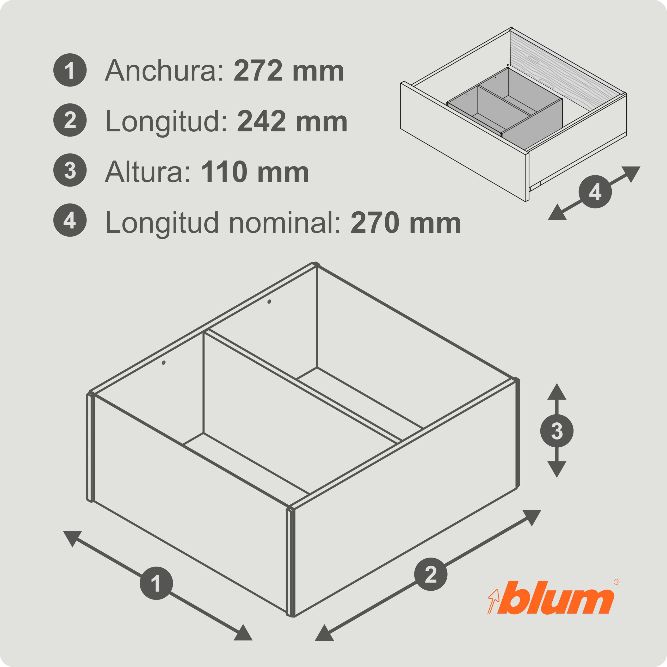 Bastidor de extracción frontal AMBIA-LINE de BLUM, longitud nominal desde 270 mm, A 242 mm, roble bardolino