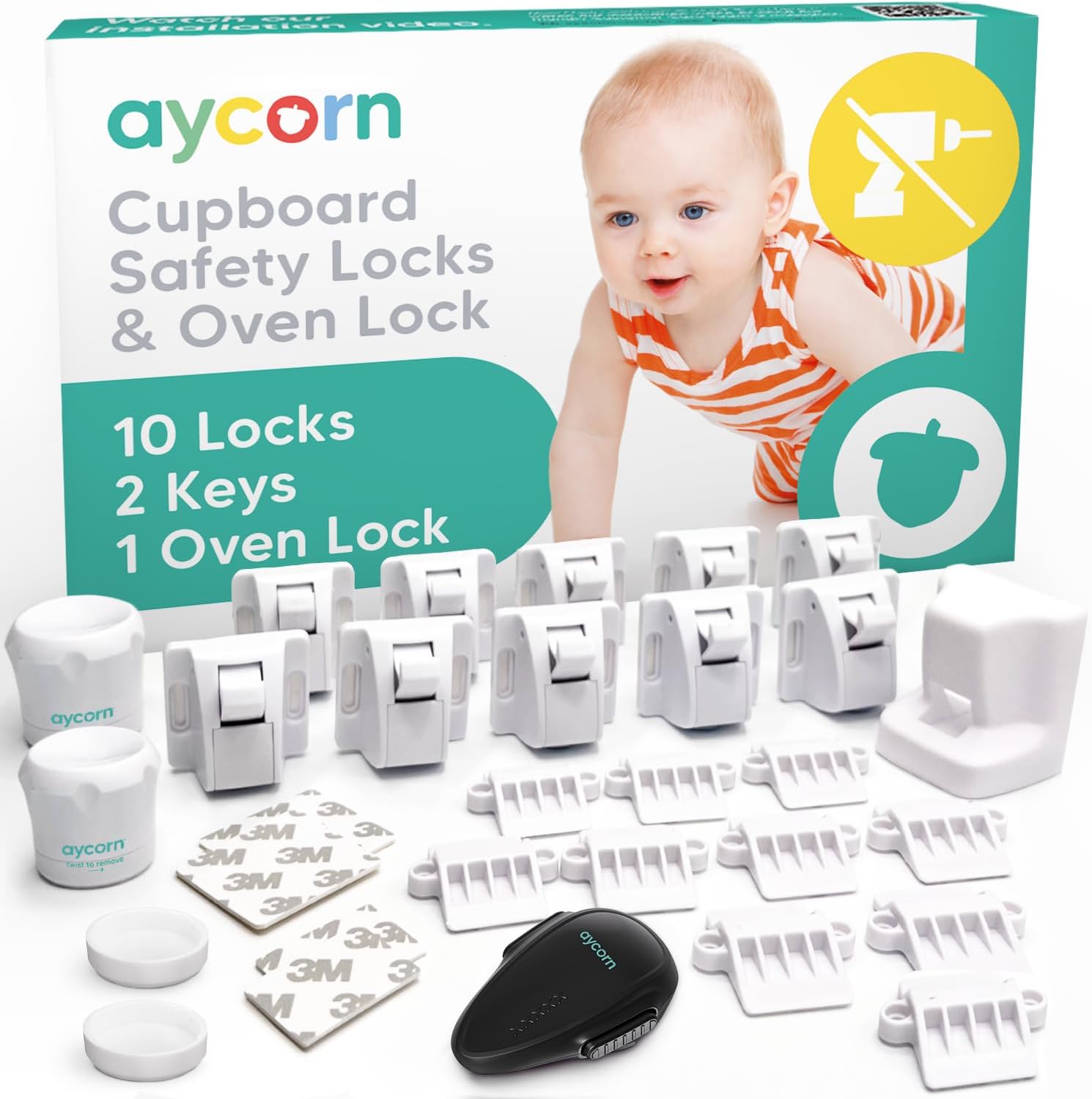 Magnetic Safety Cupboard Locks [10x] & Oven Lock [1x] for Children [Includes 2X Keys] Child & Baby Safety Proofing for Kitchen, Cabinets and Drawers, 30 Second Install