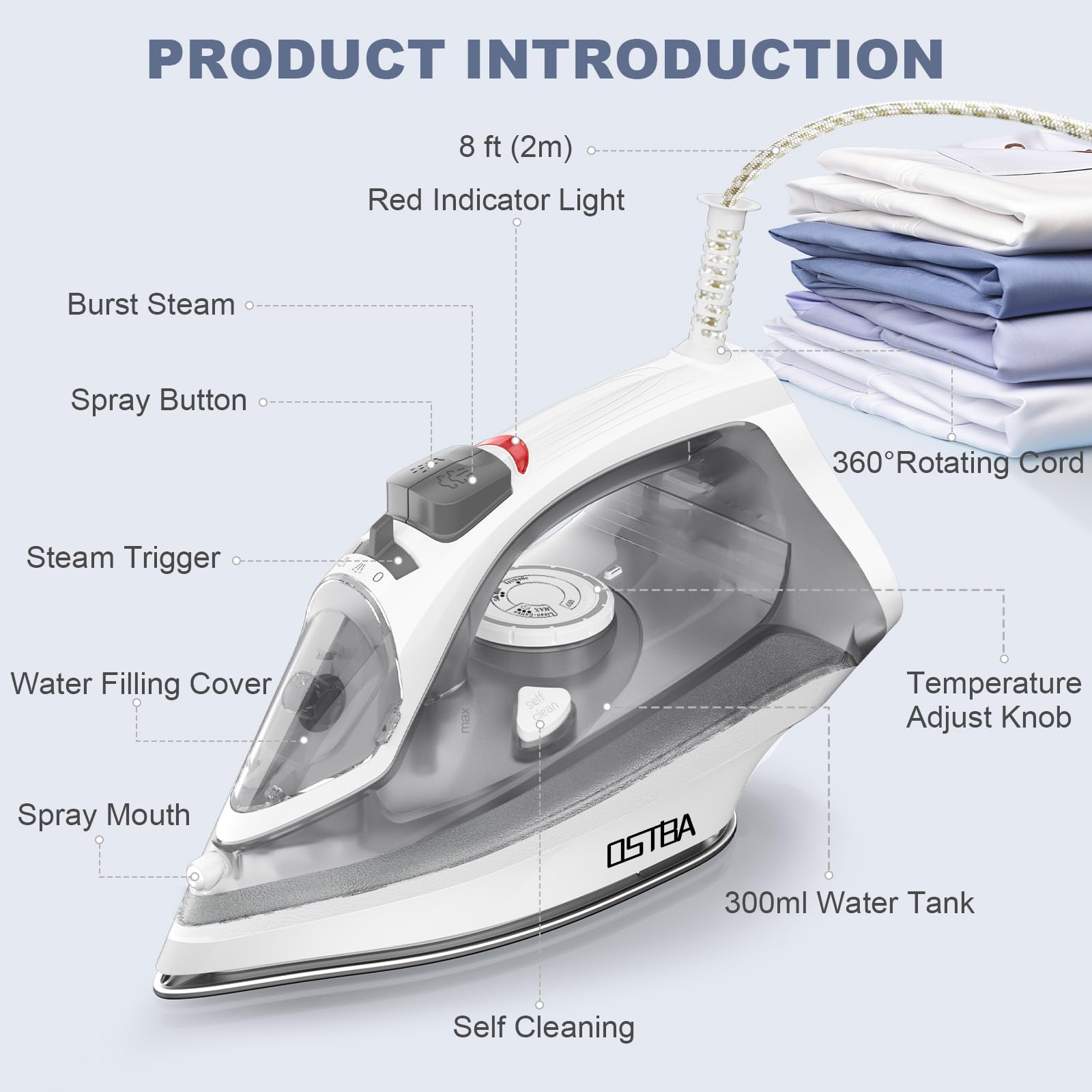 OSTBA - Plancha de vapor de 1600 W para ropa con suela antiadherente de calentamiento rápido, esfera de termostato precisa, autolimpiante, antical, función de parada de goteo, 300 ml para tanque de
