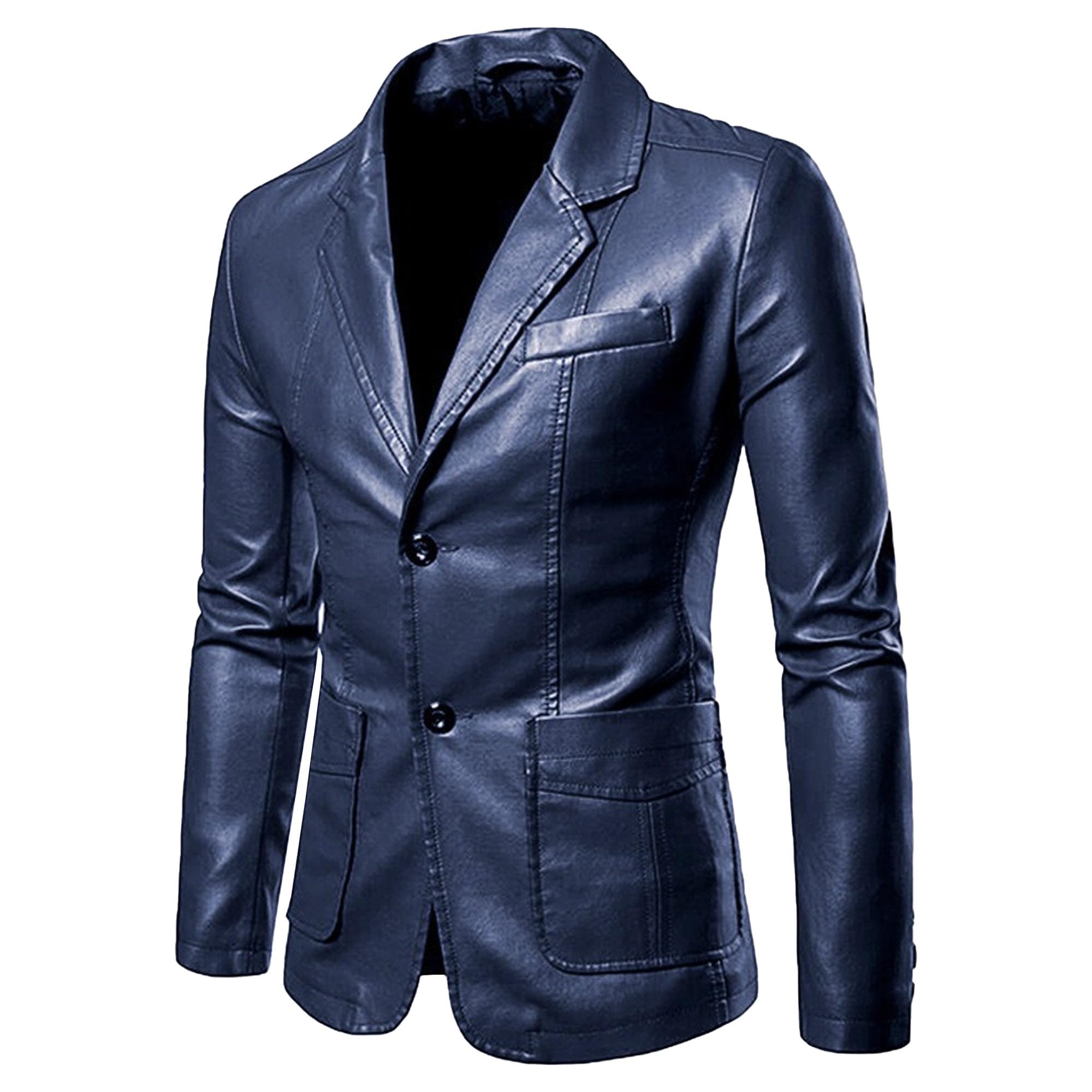 Men Classic Leather Blazer 2-Button Lambskin Leather Blazers Daily Simple Casual PU Leathers Suits
