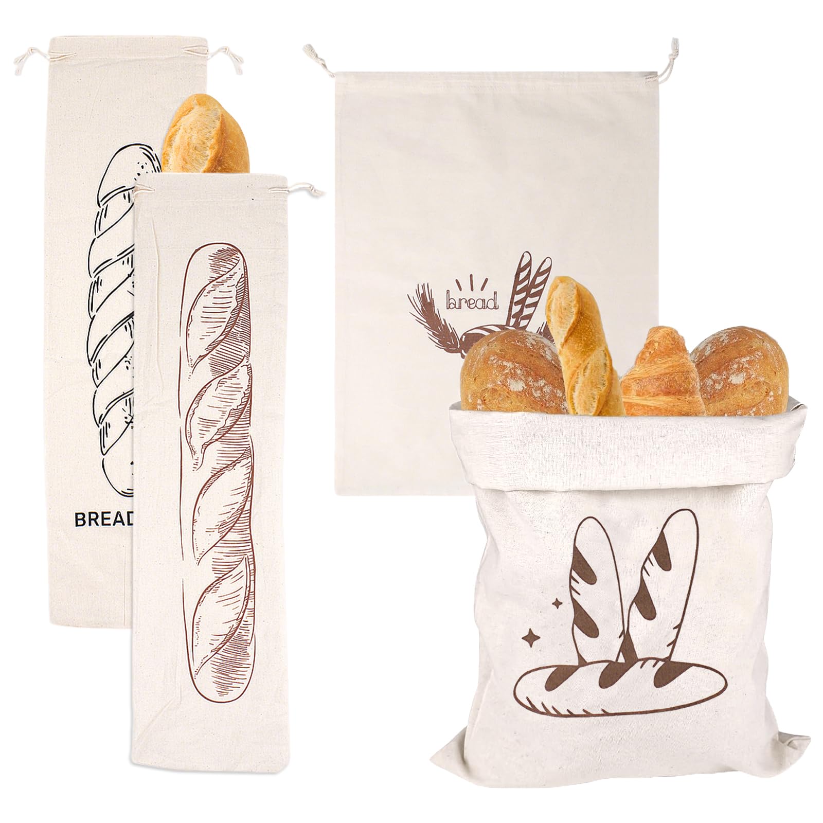 4pcs Linen Bread Bags, 64x16cm Baguette & 40x30cm Standard Drawstring