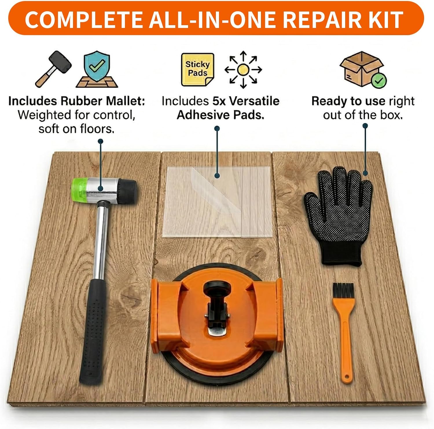 Heavy Duty Floor Gap Fixer Tool Kit with Rubber Mallet & 5 Reusable Sticky Pads, Laminate Floor Gap Repair Tool with Enhanced Suction Cup for Vinyl, Hardwood Floor and Engineered Wood Floor Repair