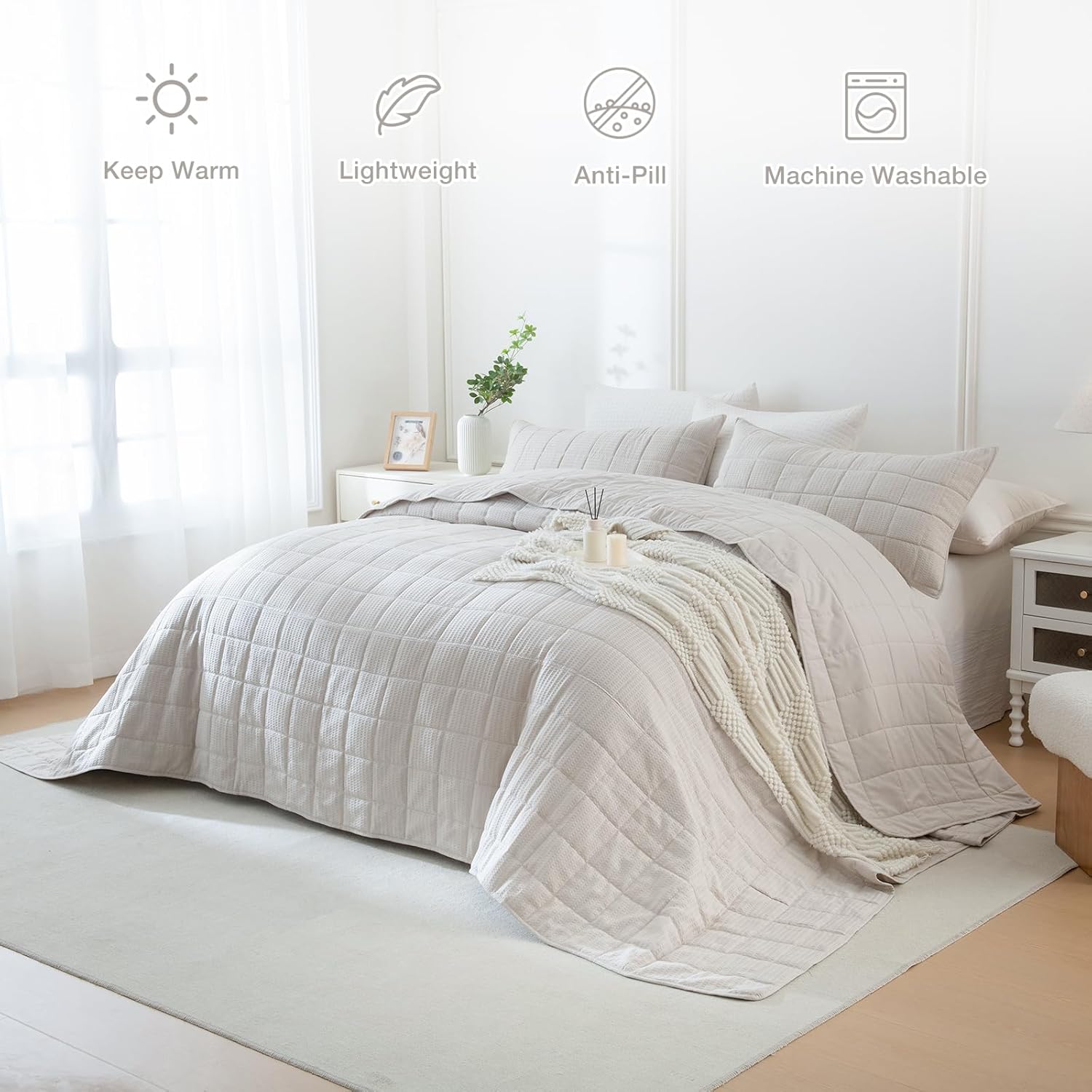 Masaca Oversized King Bedspread 120"x120",Light Khaki Waffle Weave Quilt Set 3Pcs Soft Lightweight Oversized King Quilt Bedding Set Farmhouse Luxury Wheat Bedding Coverlet for All Season - Image 2