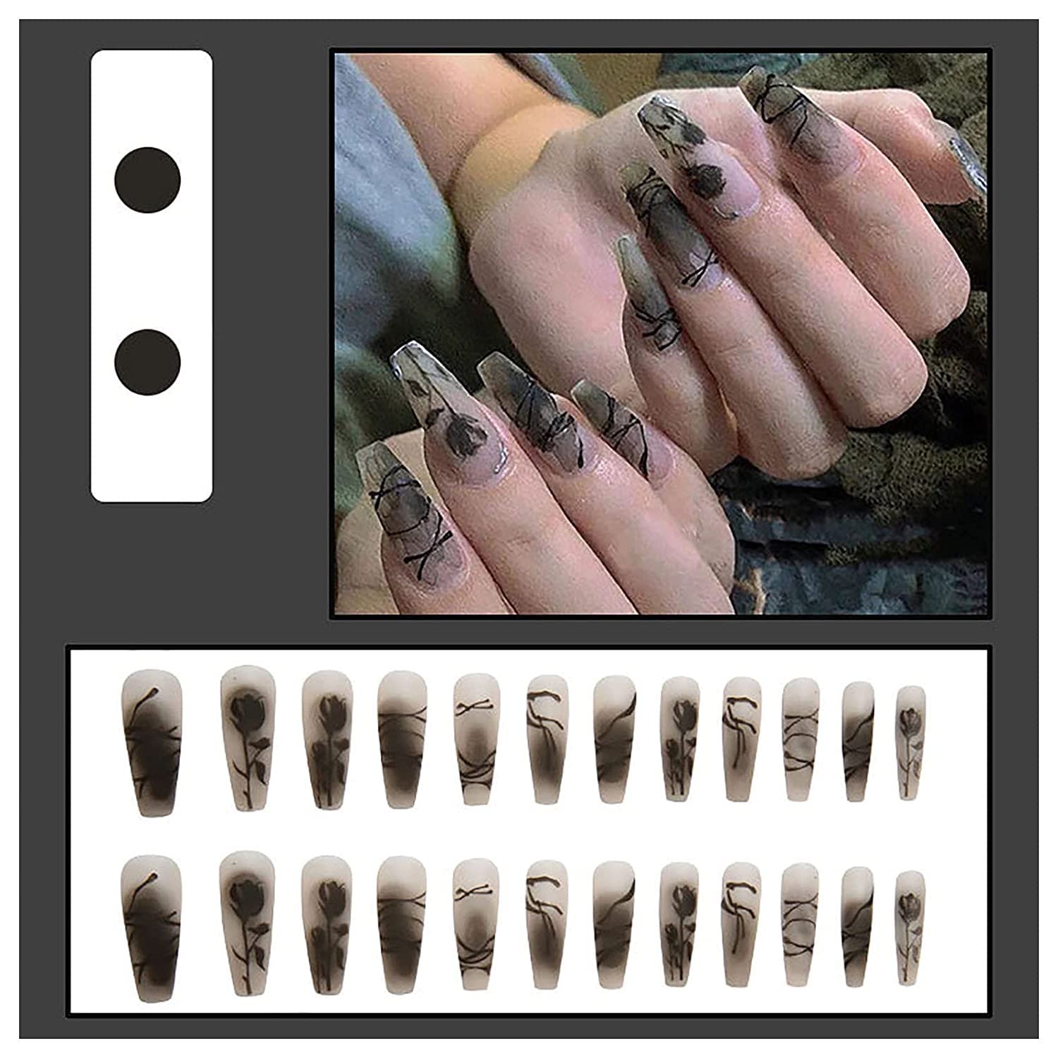AKAZI Unghie a Pressione Nere Press-On Manicure Primavera Geometria Stampa Acrilico French Nail Tips Finitura in Gel Finitura Opaca Unghie finte con Design per Nail Art per Donne e Ragazze