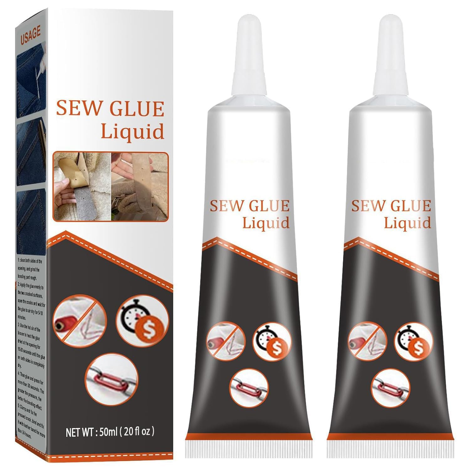 2PCS Cloth Repair Sew Glue, Instant Bonding Liquid, Quick Dry Multi Fabric Glue for Clothing Permanent Washable, for Clothing Cotton Flannel Denim Leather, 50ml