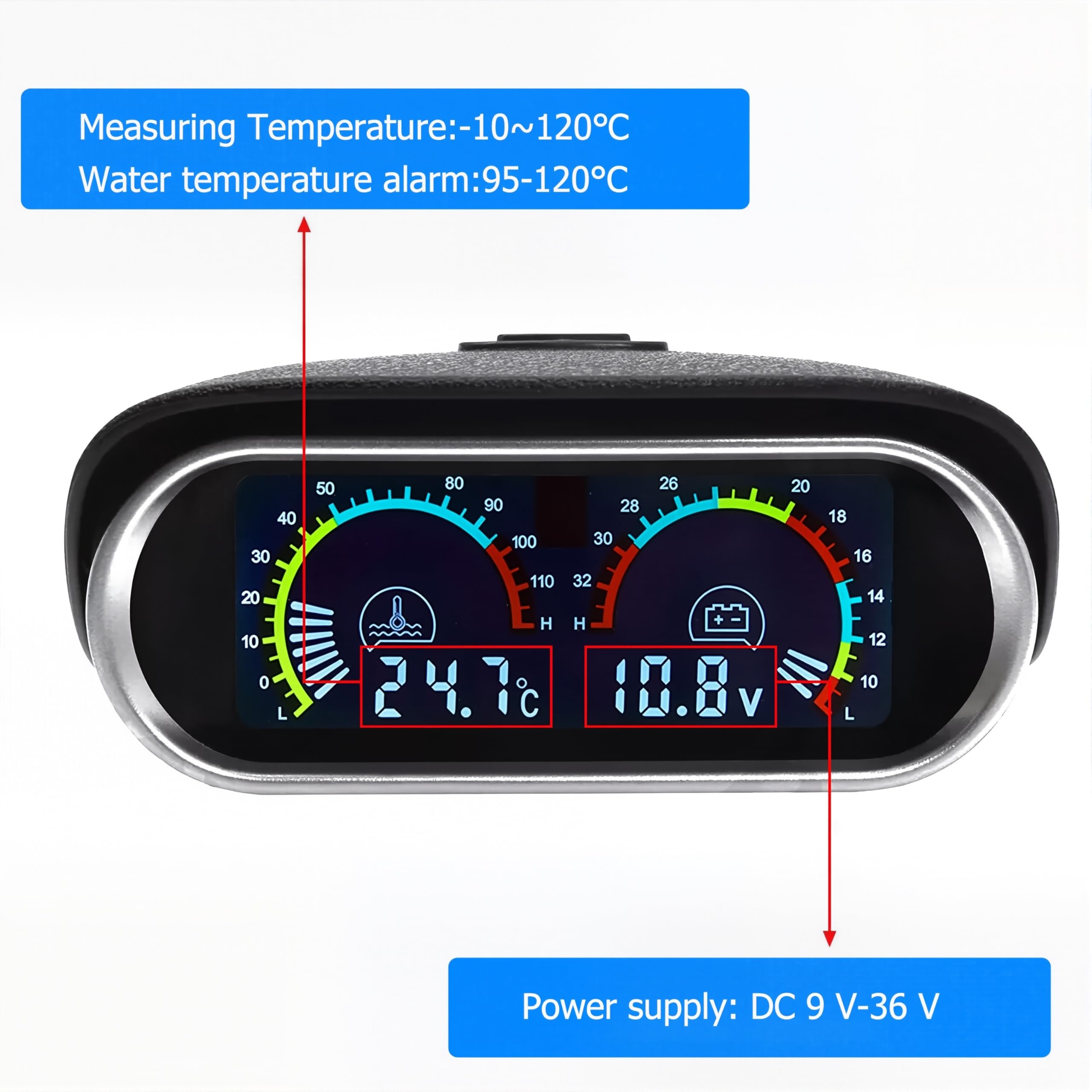 Kit misuratore di temperatura dell'acqua digitale, 10 – 120 °C, voltmetro DC 9 – 36 V, in alluminio, tubo di collegamento per temperatura dell'acqua, sensore 32 mm