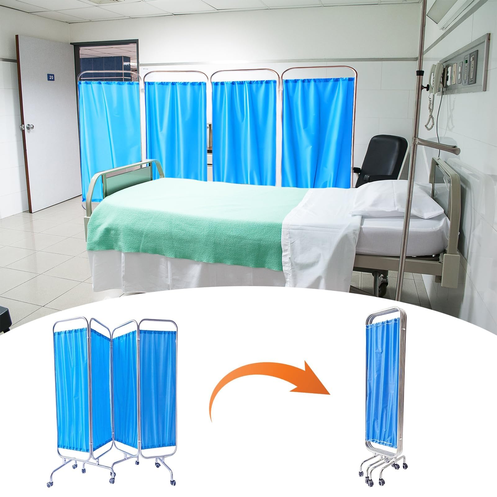 Schermo divisorio Medico Pieghevole su Ruote, in Acciaio Inossidabile, Mobile per Ospedale, Clinica, Terapia intensiva, Scuola.