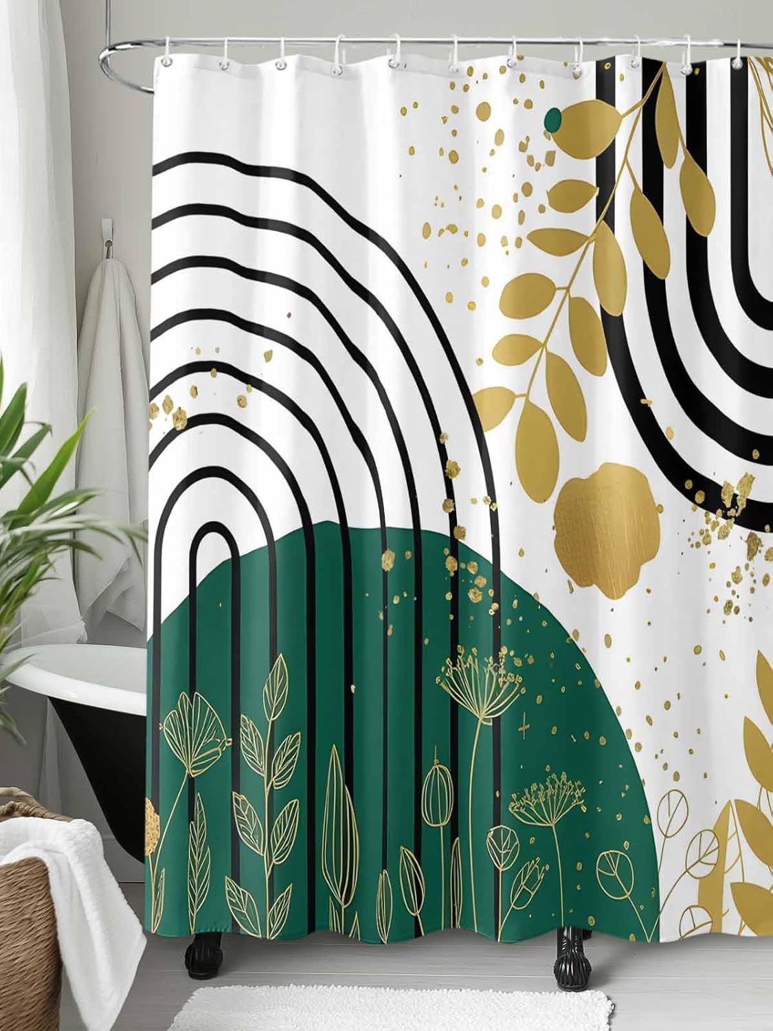 Green Black Gold Boho Shower Curtain Abstract Green Gold Leaves Plant Modern Waterproof Bath Curtain for Bathroom,Mid Century Gold Green Geometric Shower Curtain Set with Hooks 72x84 Inch