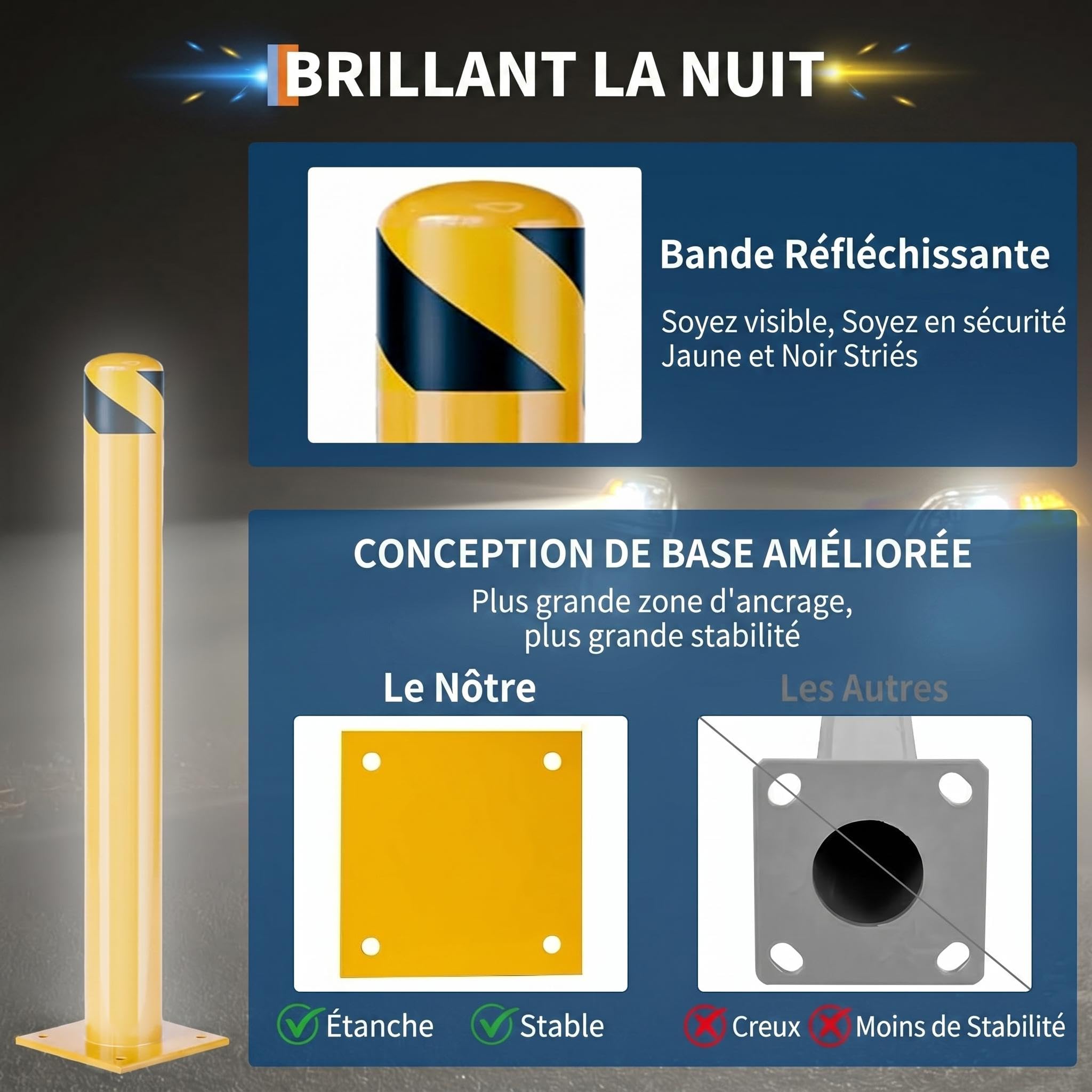 H 106 cm Borne de sécurité Haute visibilité en Acier – Lot de 2, Jaune | Protection robuste pour zones industrielles, installation facile, amovible – Idéal parkings et entrepôts