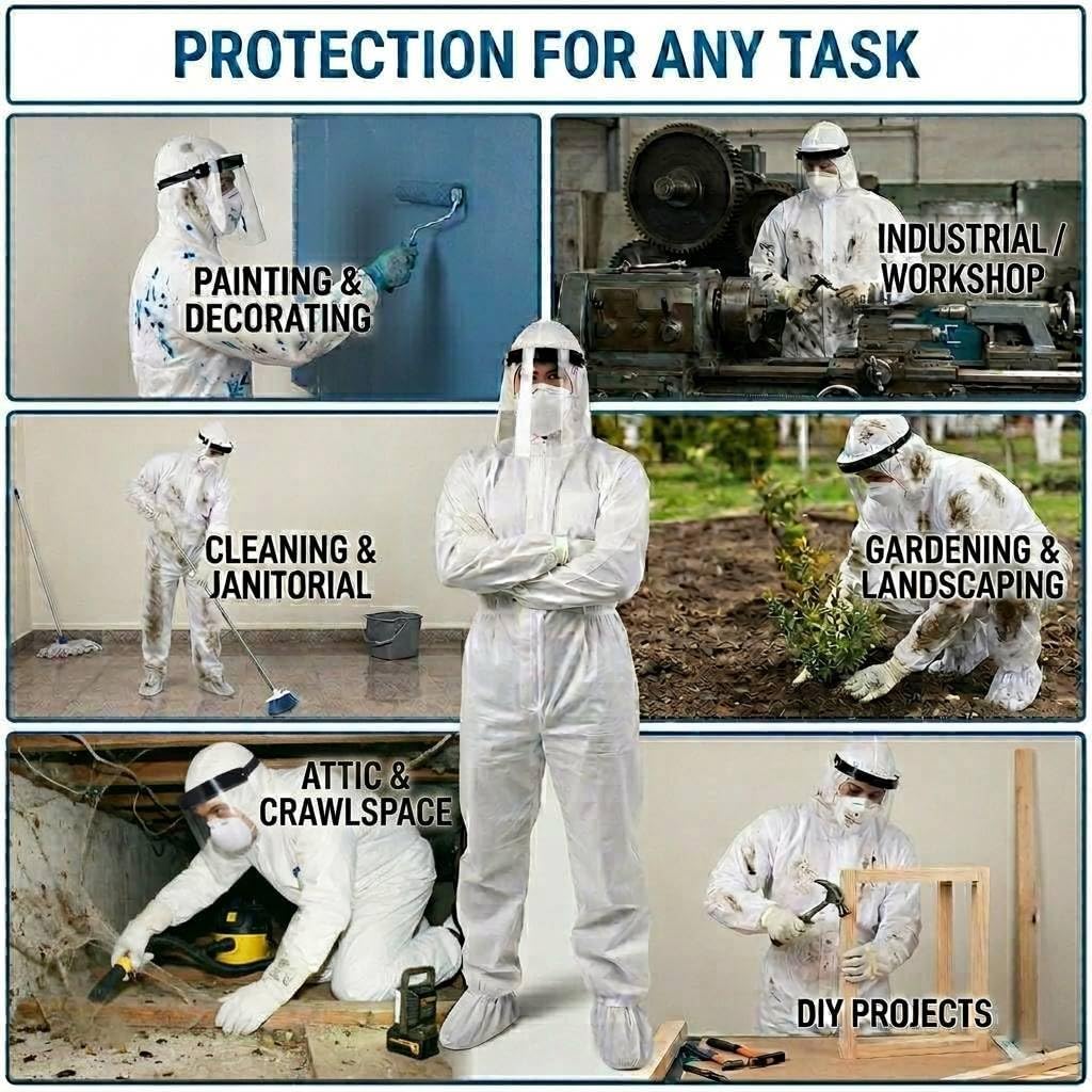 Hazmat Suit 5 Pack Disposable Coveralls with Hood and Shoe Covers, Full Body Coveralls Heavy Duty for Men and Women