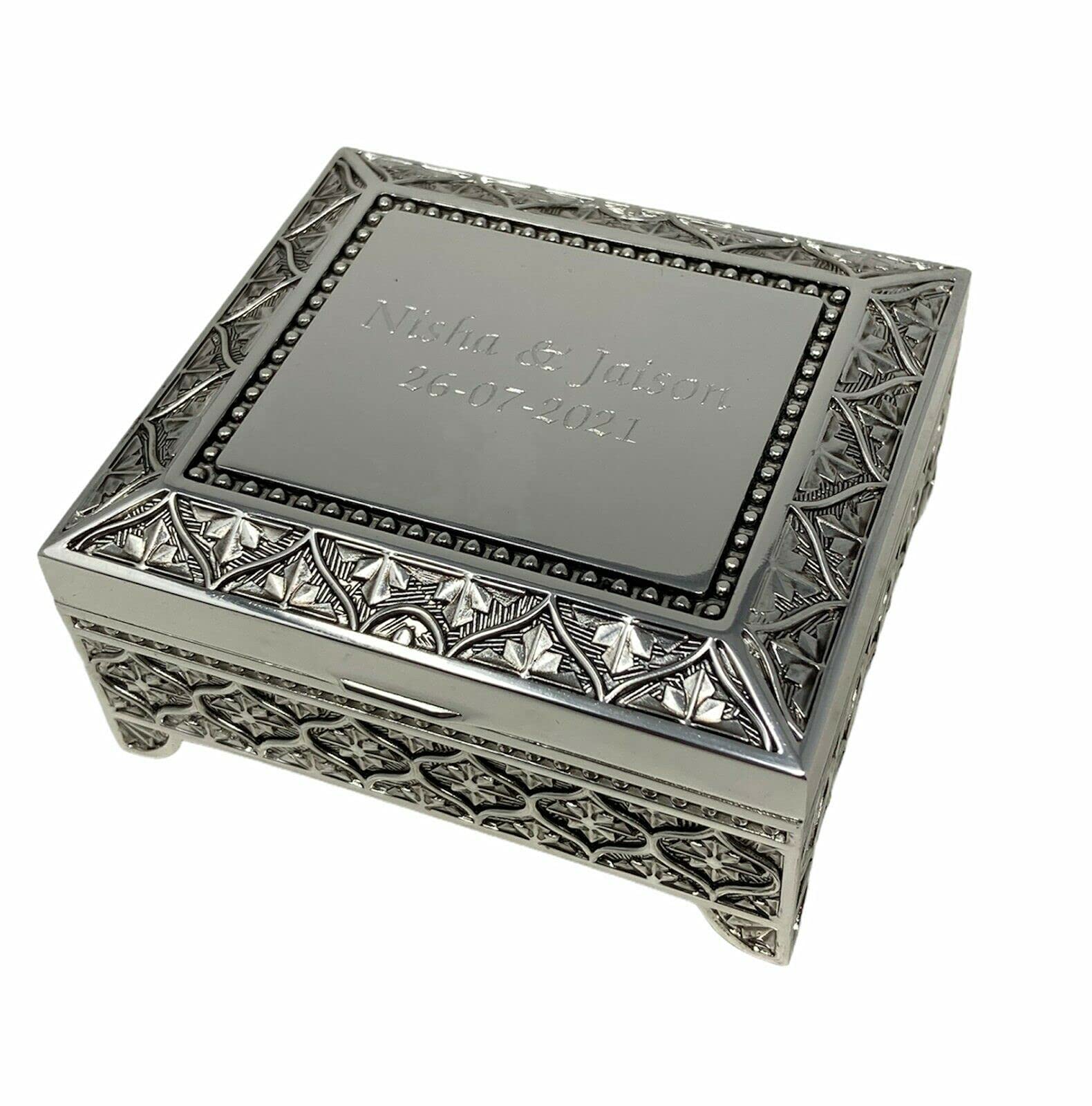 Rutherfords Gifts Silver Personalised -Plated Art Deco Floral Small Trinket & Jewellery Box – Custom Engraved Keepsake Gift For Her