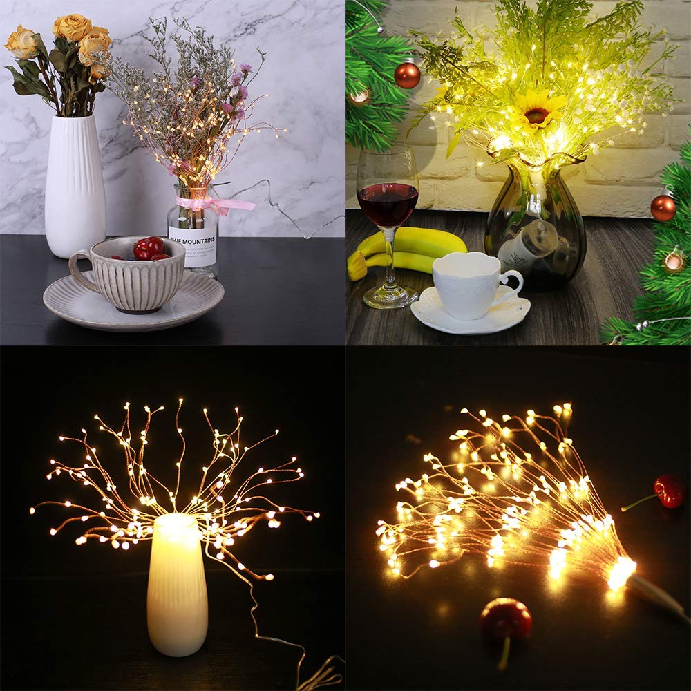 PXB Hängeleuchte, 200 LEDs, batteriebetrieben, 8 Modi, dimmbar, Kupferdraht, Feuerwerk-Lichterkette 2 Pack Battery Operated warmweiß