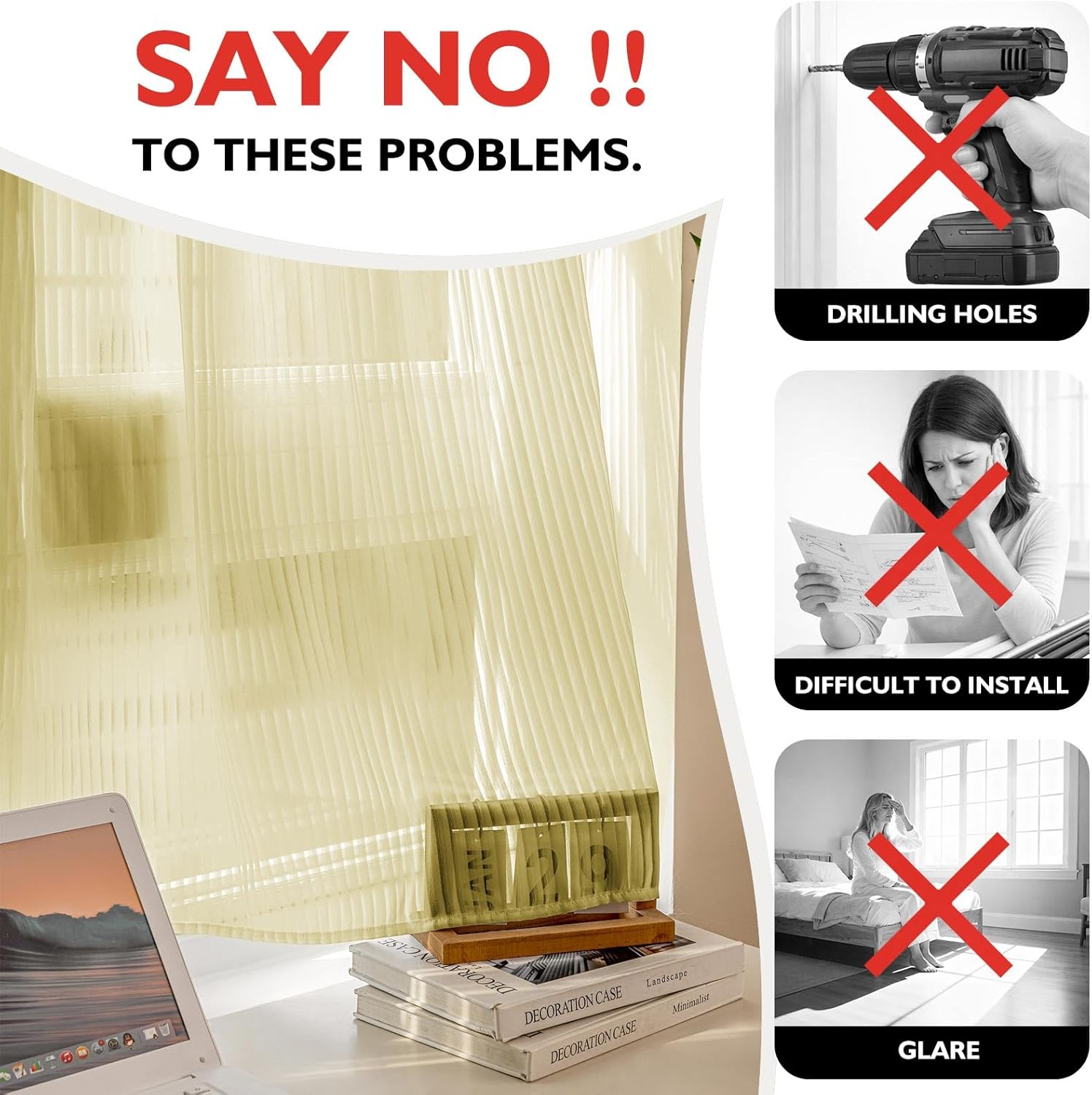 JILRON Self Adhesive Sheer Window Curtains Light Filtering Privacy Screen No Drilling for Rental Temporary Use-Beige(W 39*L 84in)