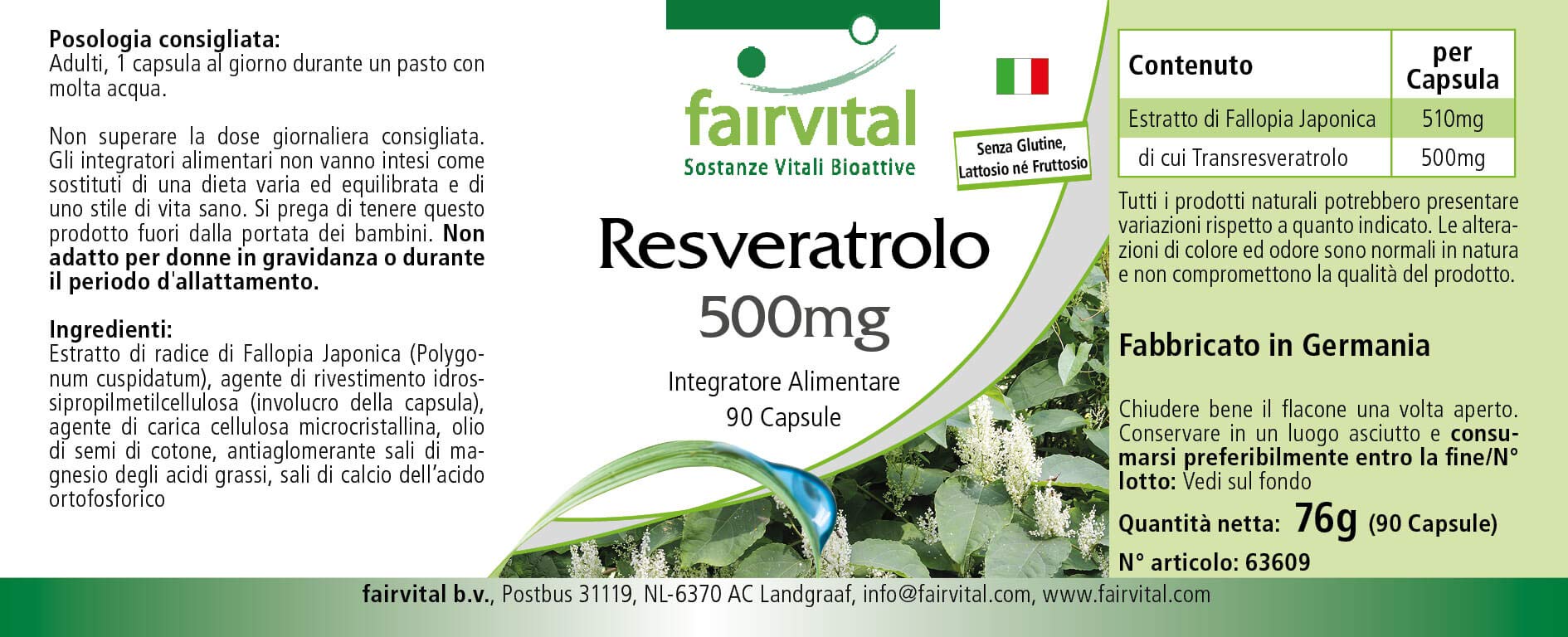 fairvital Resvératrol 500mg, 90 gélules, 500mg de trans-resvératrol par gélule, HAUTEMENT DOSÉ, à base d'extrait de renouée, végétalien
