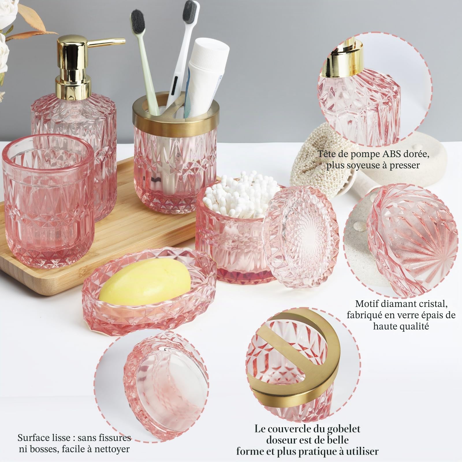 Lot de 5 Accessoires de Salle de Bain en Verre Rose avec Distributeur de Savon, Porte-Savon, Porte-Brosse à Dents, bidon de Cotons-tiges, gobelet, kit de décoration de Salle de Bain