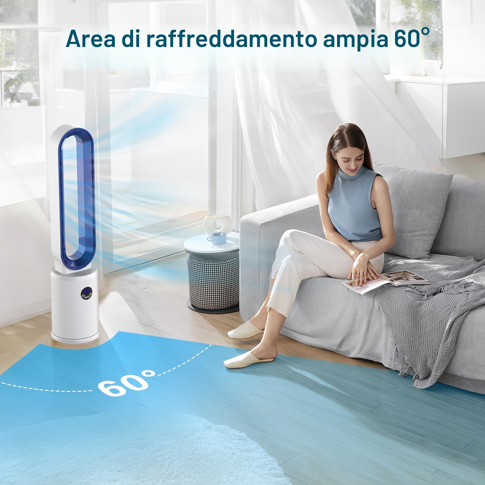 YAZEKY Ventilatore a Torre Senza Pale,Ventilatore a Colonna Silenzioso con Telecomando,3 Velocità,Oscillazione 60°,Display LED,Timer 8 Ore,97 cm Ventilatore Potente per Ufficio,Soggiorno,Bianco 70 m²