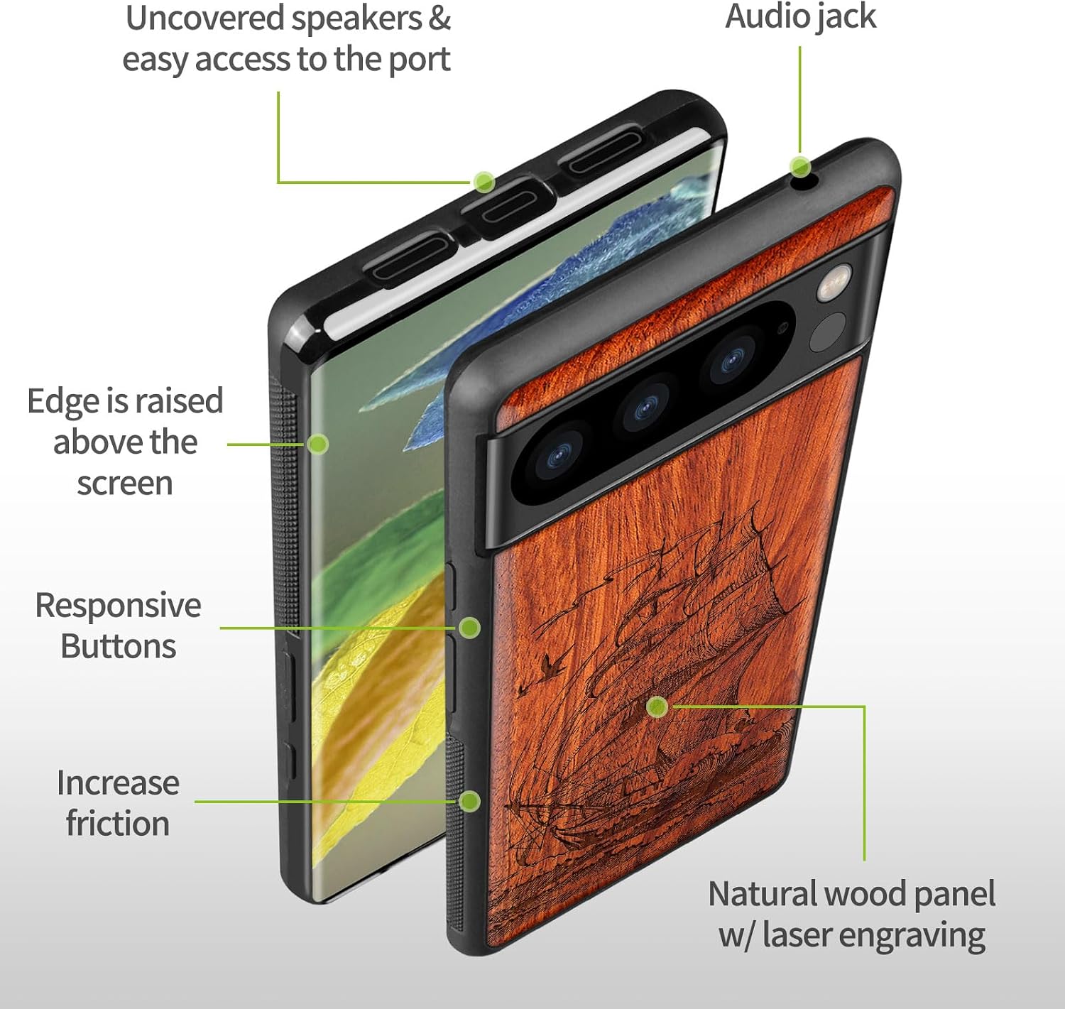 Carveit Wood Case for Pixel 8 Pro Case [Natural Wood & Black Soft TPU] Shockproof Protective Unique Wooden Cover Compatible with Google Pixel 8 Pro (Sailboats-Rosy)