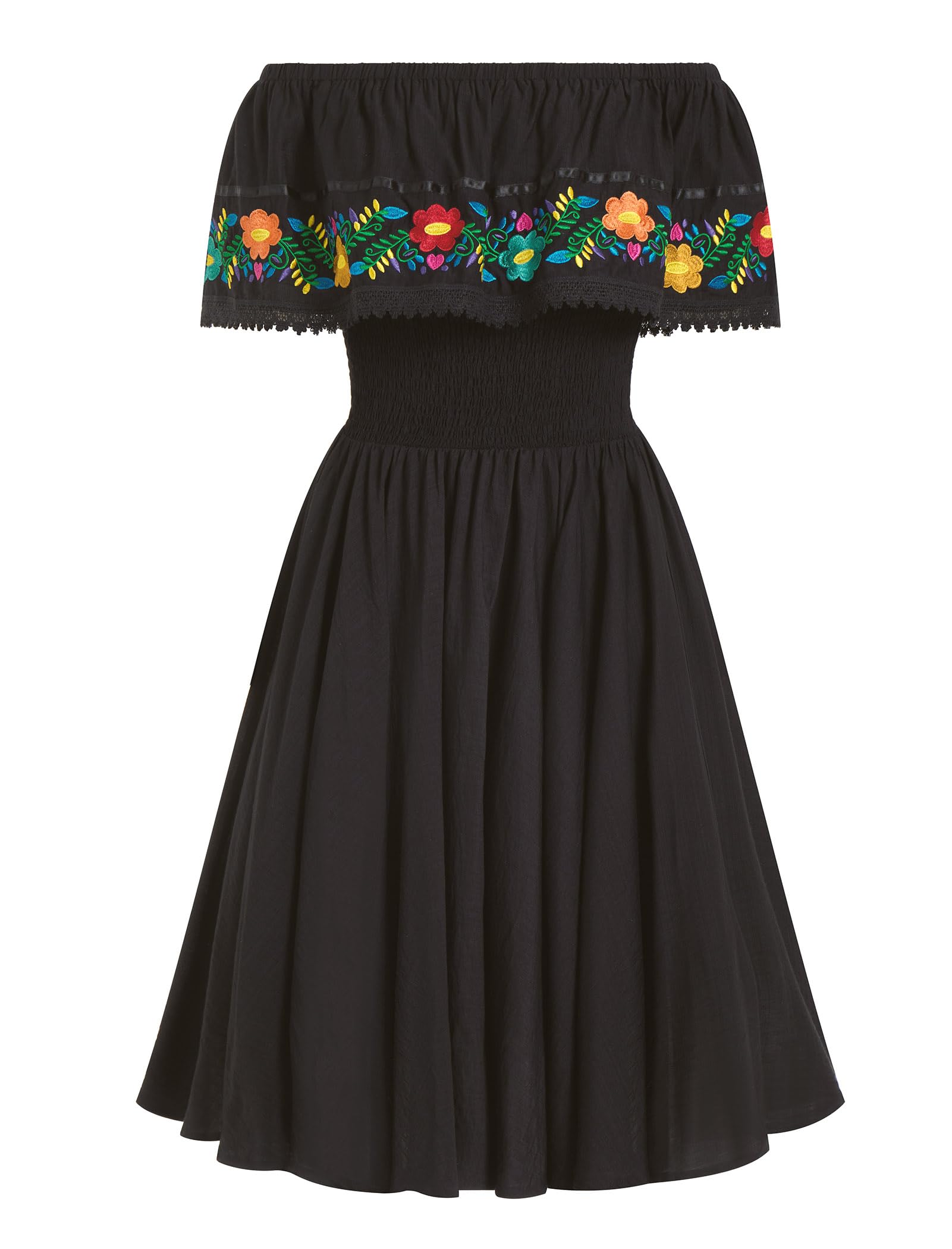 Women's Mexican Embroidered Dress - Off Shoulder Ruffle Hem Traditional Mexican Folkloric Dress for Cinco de Mayo Fiesta