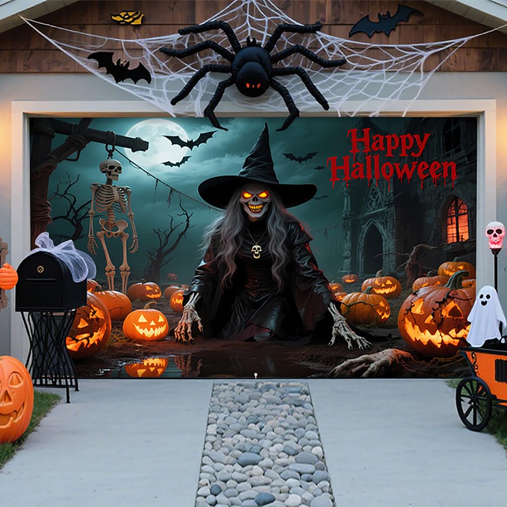 ZFFLYH Halloween Garage Door Cover Banner Decorations, Large Hanging Banner Backdrop Mural for For Outdoor Home Yard Halloween Decor Party Photo Backgrounds,Witch,8 * 7FT