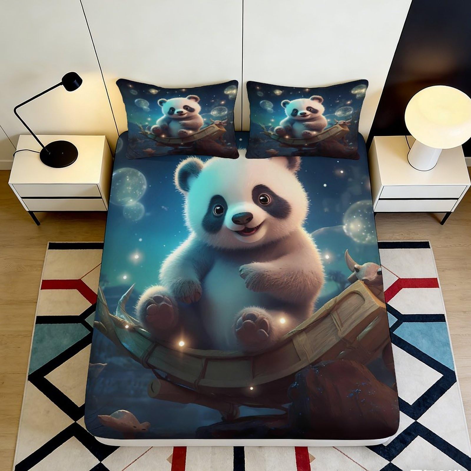 3D Printed Cute Panda Fitted Sheet Microfiber Soft Breathable Cartoon Animal Mattress Cover for Bedroom Dorm Decor 140x200x25cm