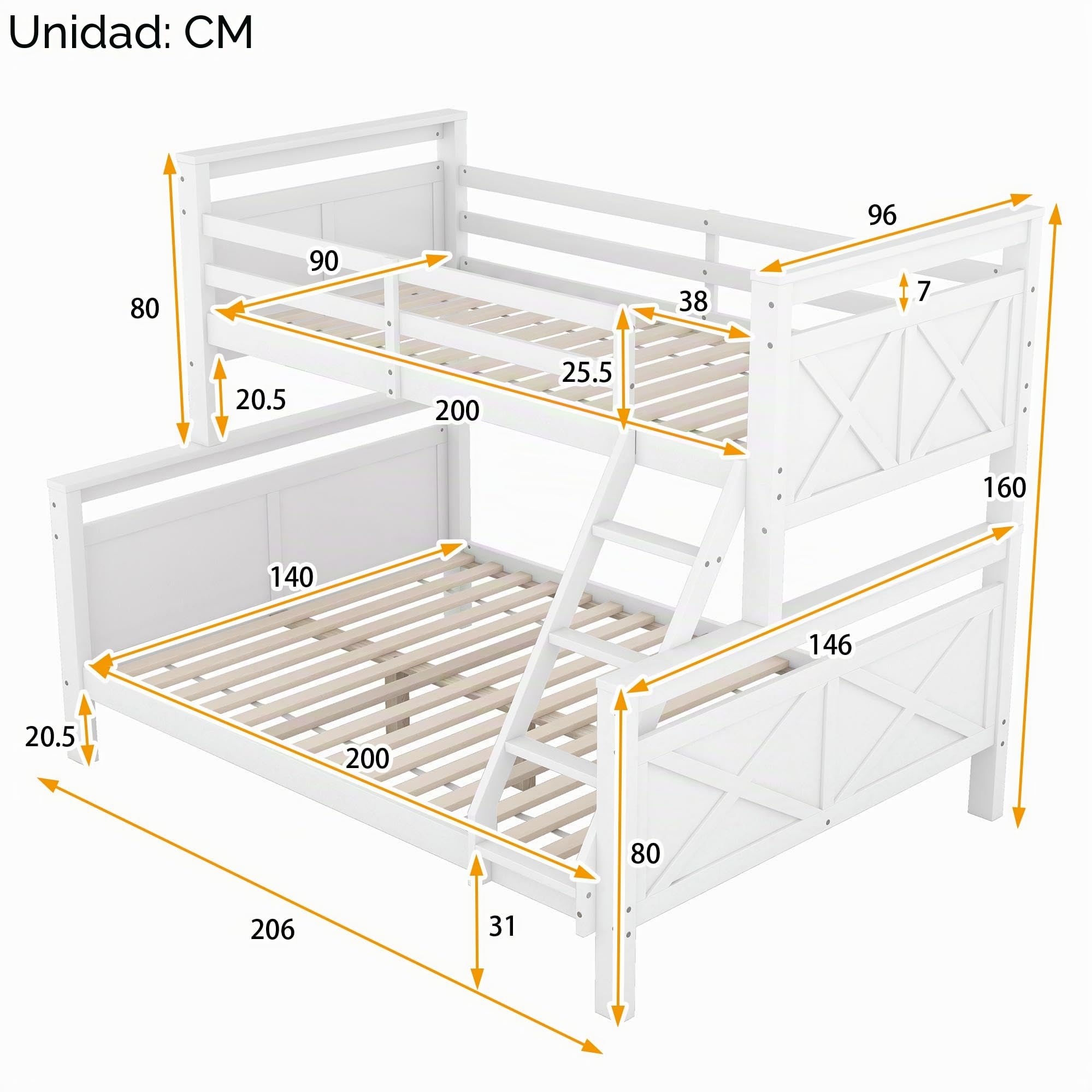 Cama de madera, litera con escalera y barandilla de seguridad, convertible en 2 camas individuales, cama doble, individual para niños, jóvenes y adultos (blanco)
