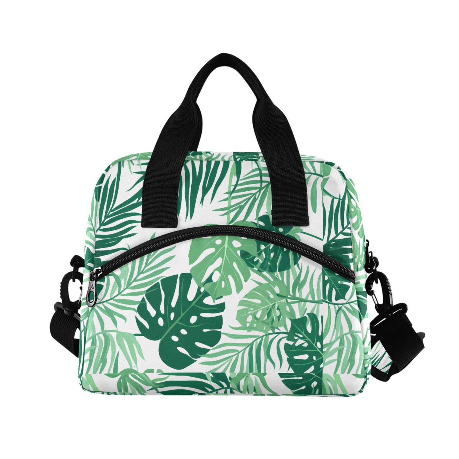 Sinestour Insulated Lunch Bag Reusable Cooler Palm Green Leaves Lunch Box Adjustable Shoulder Strap for Office Men Women