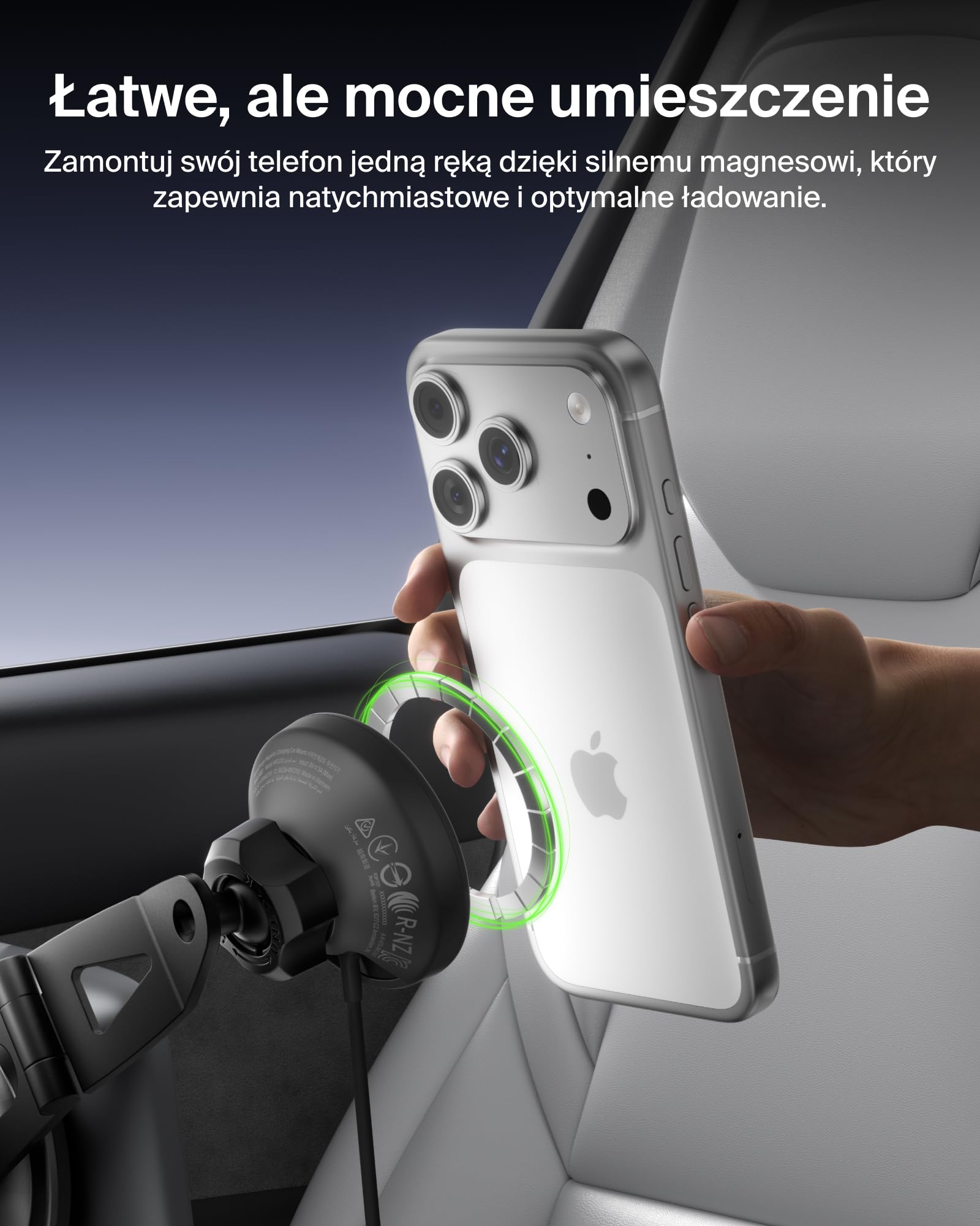 Belkin BoostCharge Bezprzewodowa Ładowarka Samochodowa Qi2, Magnetyczny Uchwyt na Kratkę Nawiewu z Kablem USB-C, Zgodny z MagSafe, do Szybkiego Ładowania Telefonów iPhone, Galaxy, Pixelsnap – Czarna
