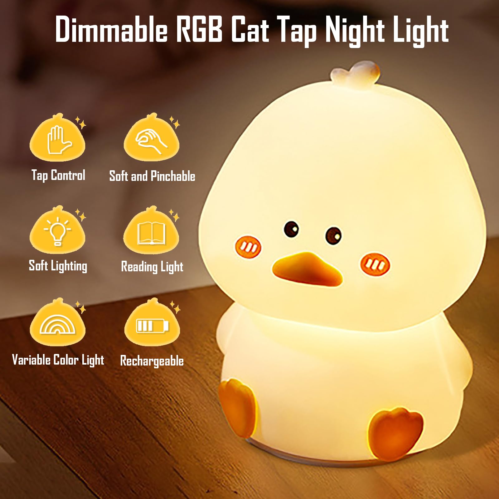 Cute Duck Rechargeable Night Light, Safe Soft Silicone Material, 5 Changeable Colors, Tap Control, Toddler Sleeping Lamp, Bedroom Night Lamp, Gift for Baby and Kid