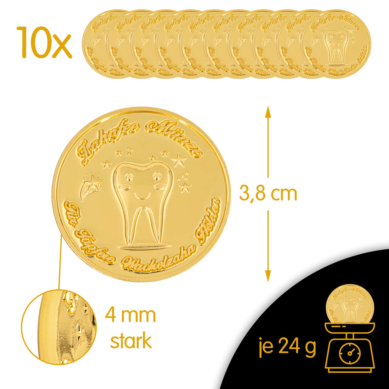 ZWEN Zahnfee Münzen gold 10 Stk - Zahnfee Geschenke für Mädchen + Jungen | Zahnfee Münzen + gratis E-Book mit 20 Zahnfee Geschichten für alle Milchzähne - Süße Münze als Zahnfee Geschenk