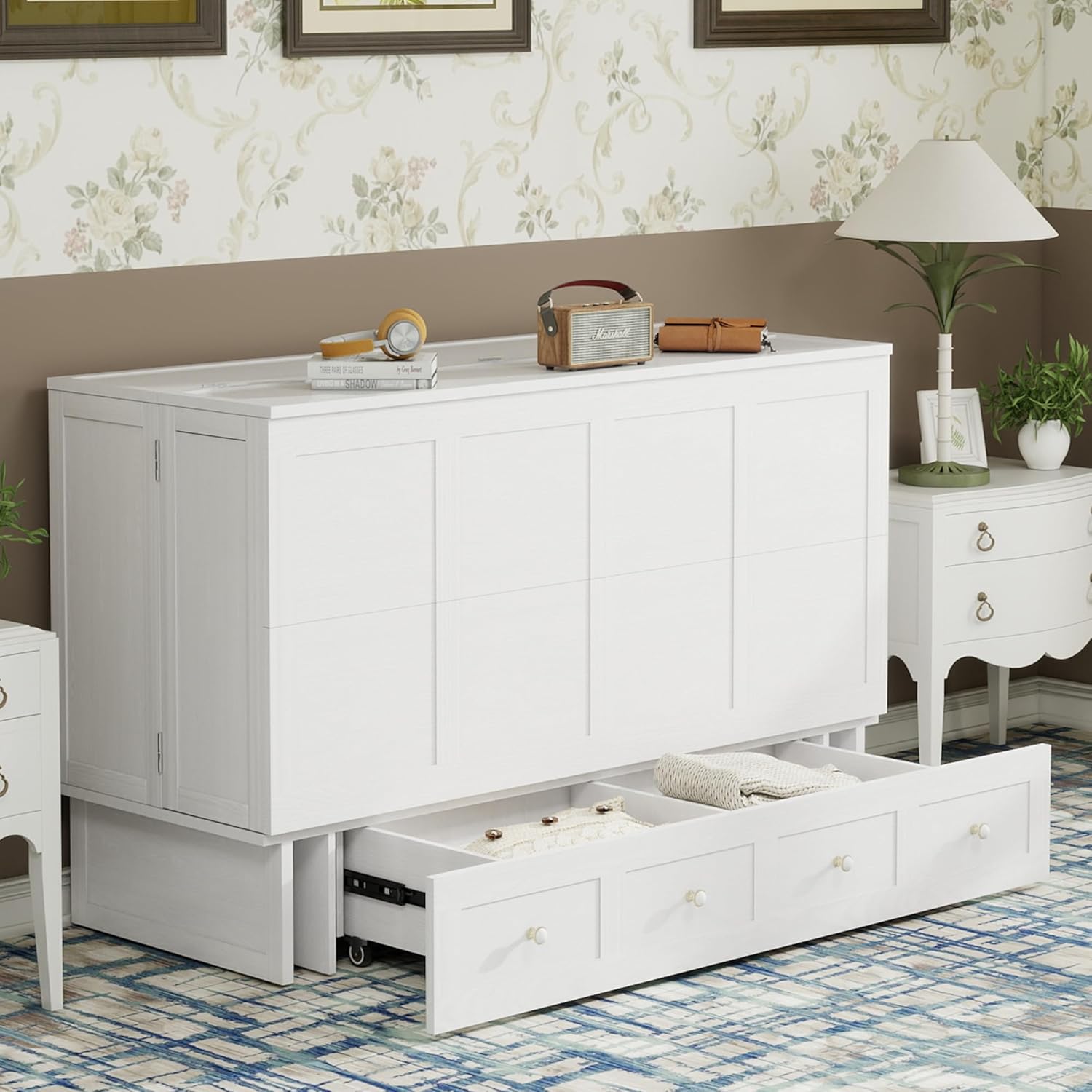 Solid Wood Murphy Bed Queen: Space Saving Ivory White Murphy Bed Cabinet (Not Included Mattress) with USB Port, Solid Wood Murphy Chest Queen with Large Drawer for Home/Guest Room/Bedroom