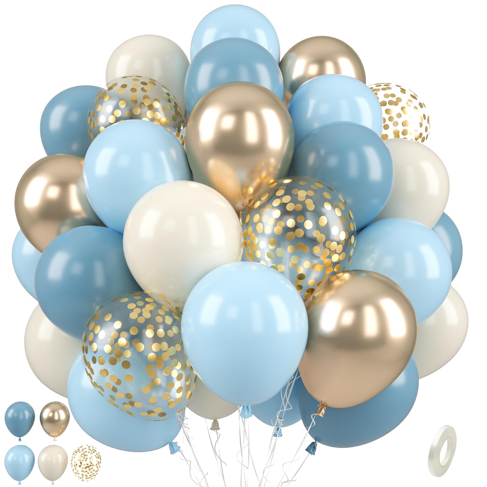 Paready Blue Balloons, Dusty Blue for Baby Shower and Boys Birthday 50 Pcs | 12 Inch Light Baby blue Champagne Gold Sand White Latex Balloons for Bridal Showers Engagements Bachelorette Party Decoration