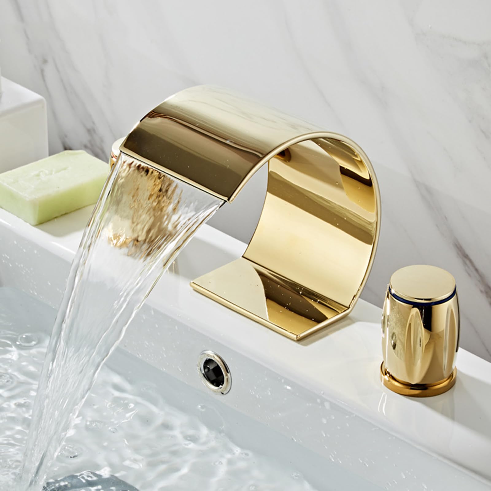 FQWNCIEG Waterfall Basin Mixer Tap 3 Hole Thin Mouth Bathroom Taps Mixer Hot and Cold Wash Hand Basin Taps,Gold