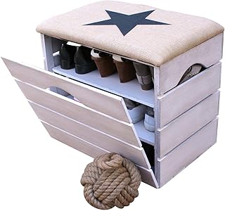 Liza Line Meuble Chaussures avec ABATTANT (Blanc Vieilli), Banc de Rangement pour Chaussures avec ÉTAGÈRES. Assise Confortable en Tissu. Bois Massif Scandinave - 51 x 45 x 36 cm (Étoile Noire)