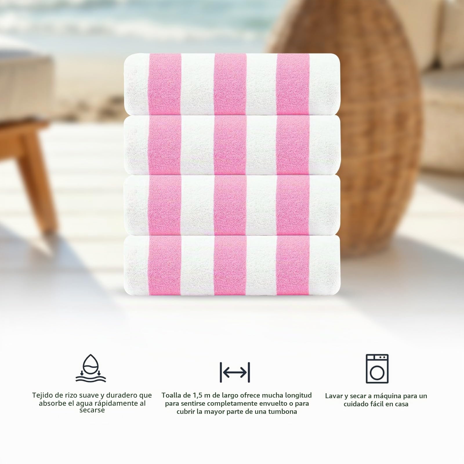 Casa Copenhagen Set Regalo 4 Toallas Playa algodón, 75x150cm,Rosa Delicada | Cabana – Toalla de piscina grande de 100 % algodón egipcio – 150 x 75 cm (set de regalo para mujer y hombre)