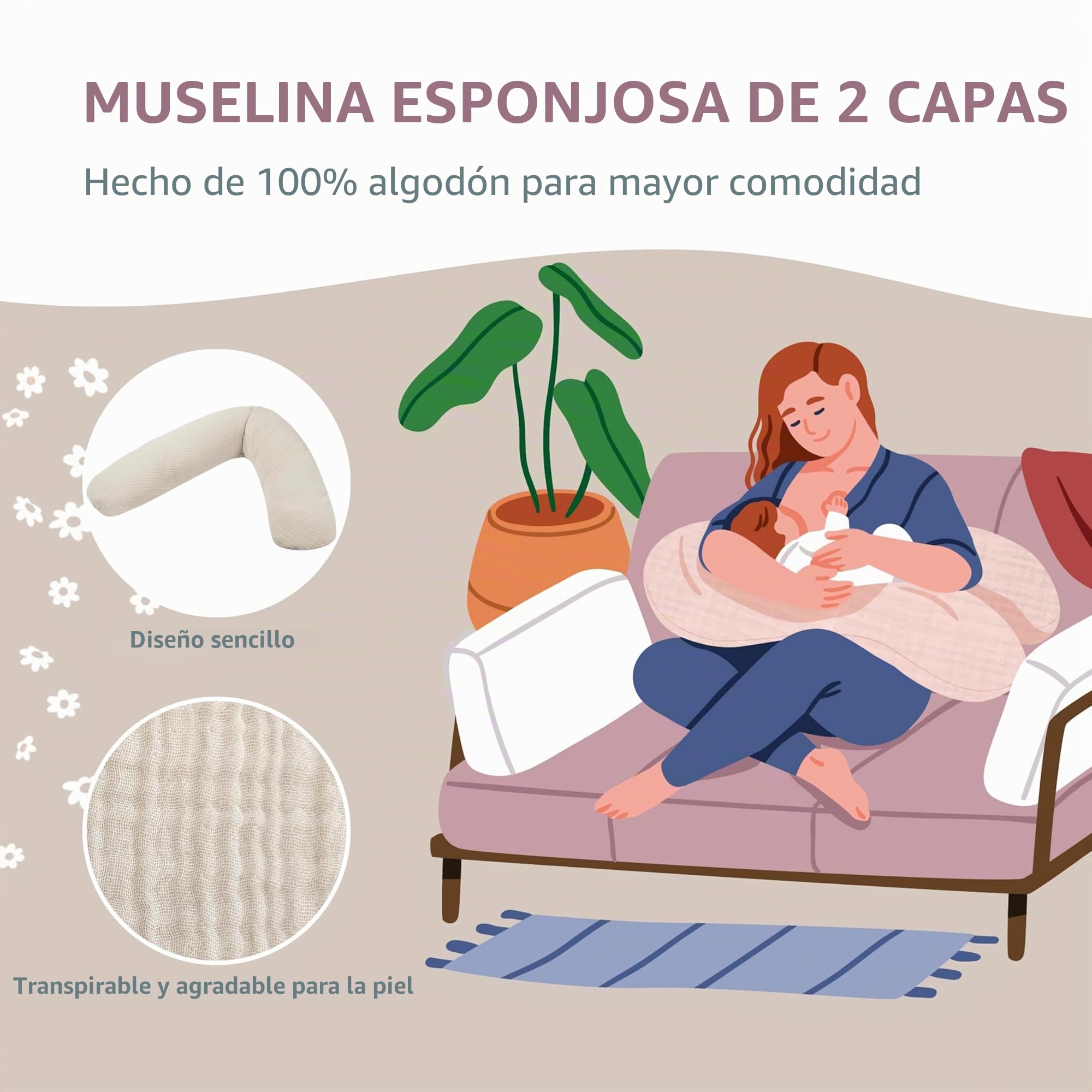 Theraline Almohada Embarazada XXL Dodo Pillow by Cojin Lactancia Bebé con Funda de Muselina de Algodón 180 cm - Relleno de Perlas EPS - Sin Sustancias Nocivas - Lavable a Máquina - Beige