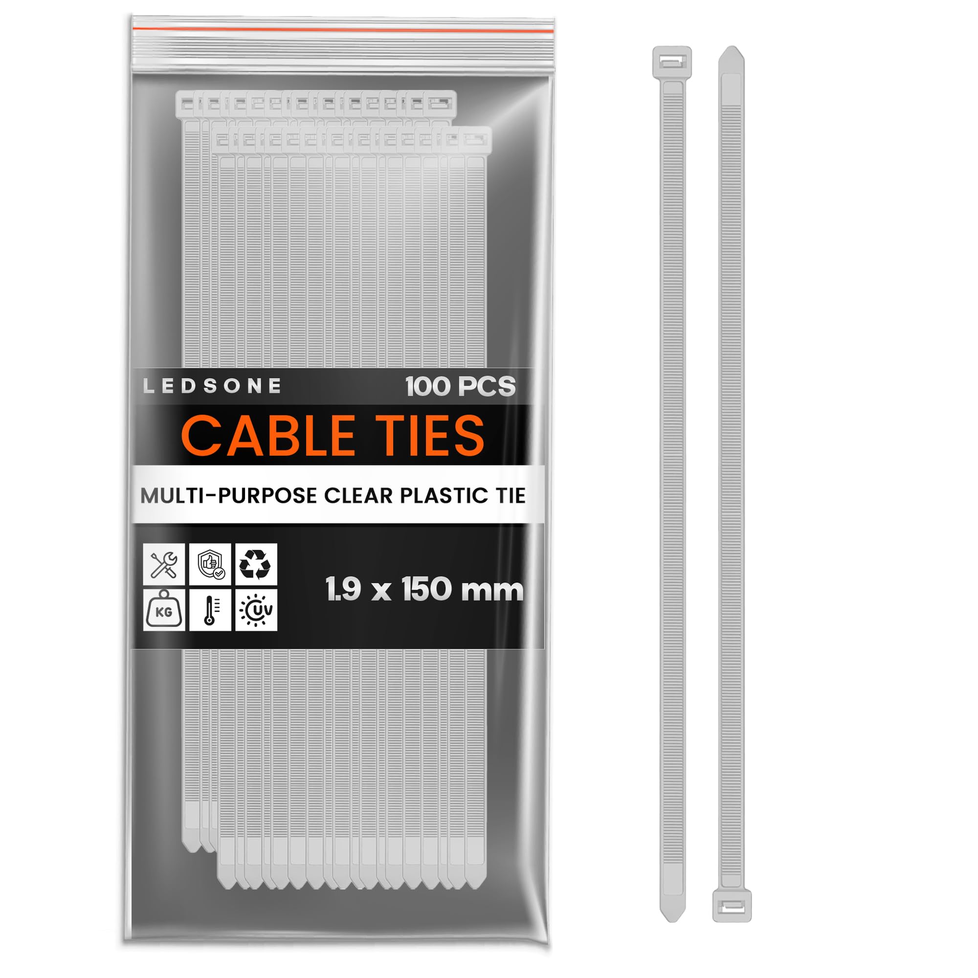 LEDSone White Pack of 100 Cable Ties 1.9mm x 150mm Nylon Zip Ties, Multi-Purpose Tie Wraps, Secure Self-Locking Mechanism, for Home, Garden, Office and DIY