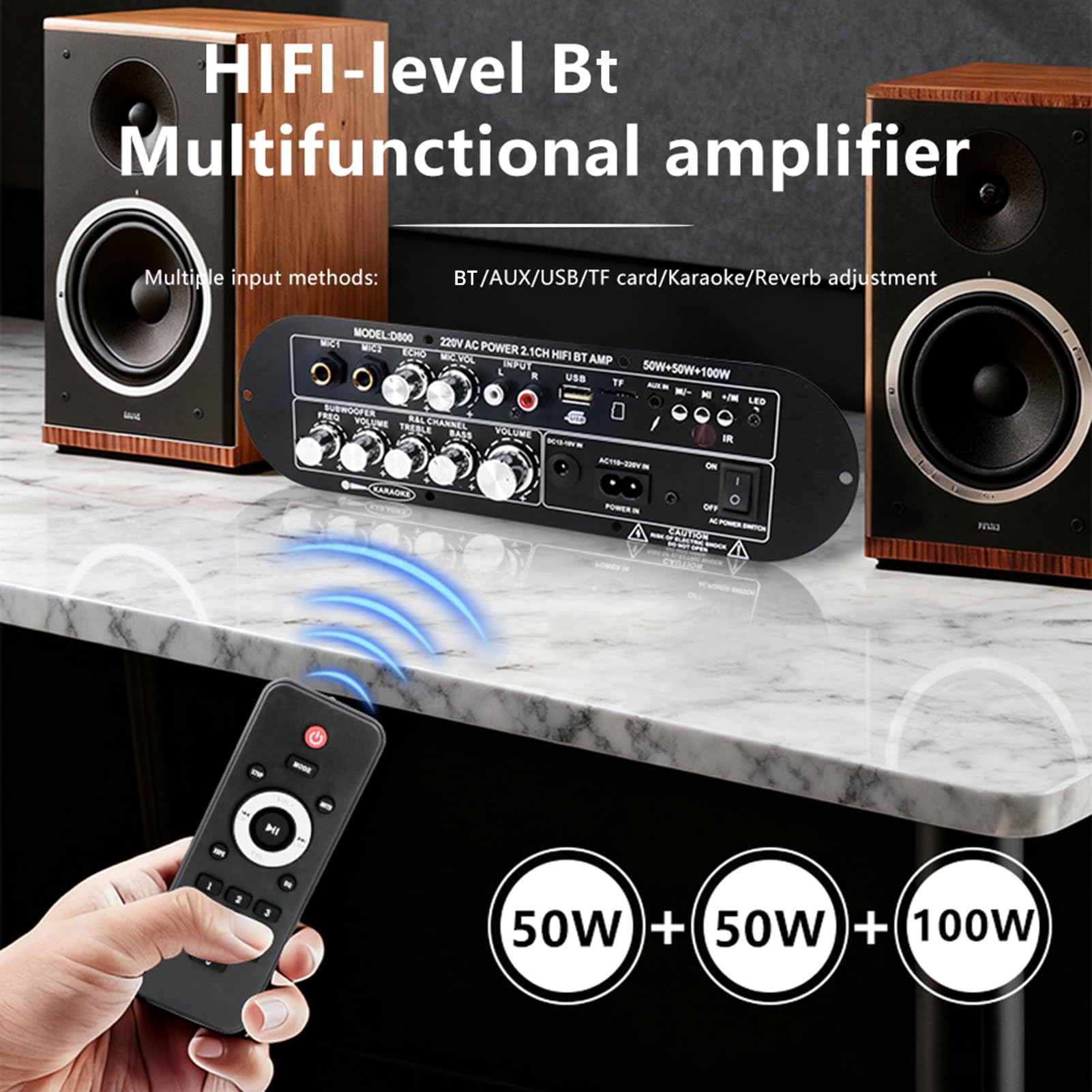 Placa amplificadora Bluetooth de 2.1 Canales 50Wx2 + subwoofer de 100W, Amplificador de Potencia Digital HiFi con Bluetooth 5.0, Tarjeta AUX Mic USB TF múltiples entradas,