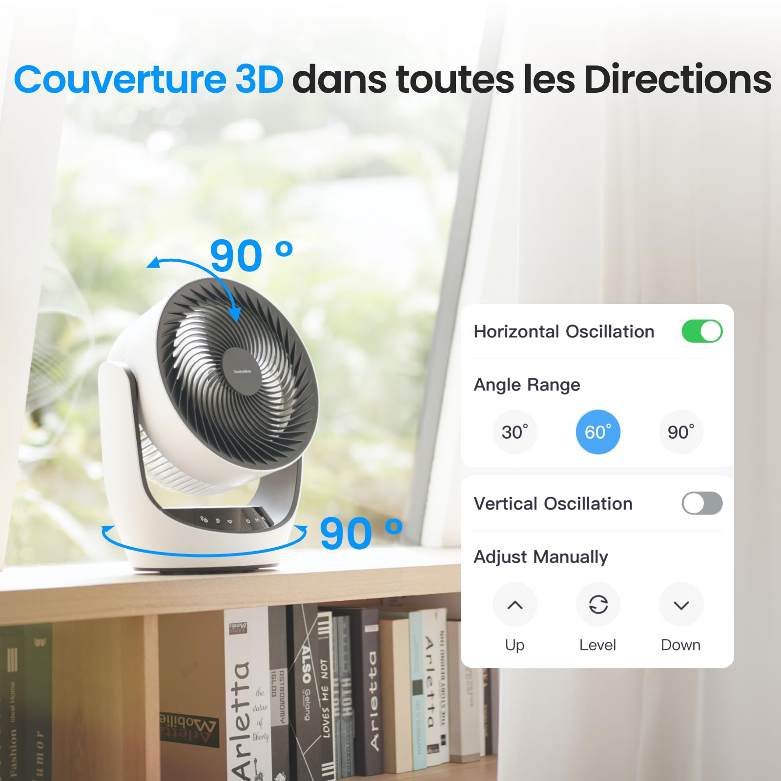 SwitchBot Ventilateur de Circulation de Batterie, USB，24dB Silencieux pour la Chambre, Compatible avec Alexa/Google/Siri (Hub requis), 4 Modes, Minuterie de 9h, à batterie économe en énergie