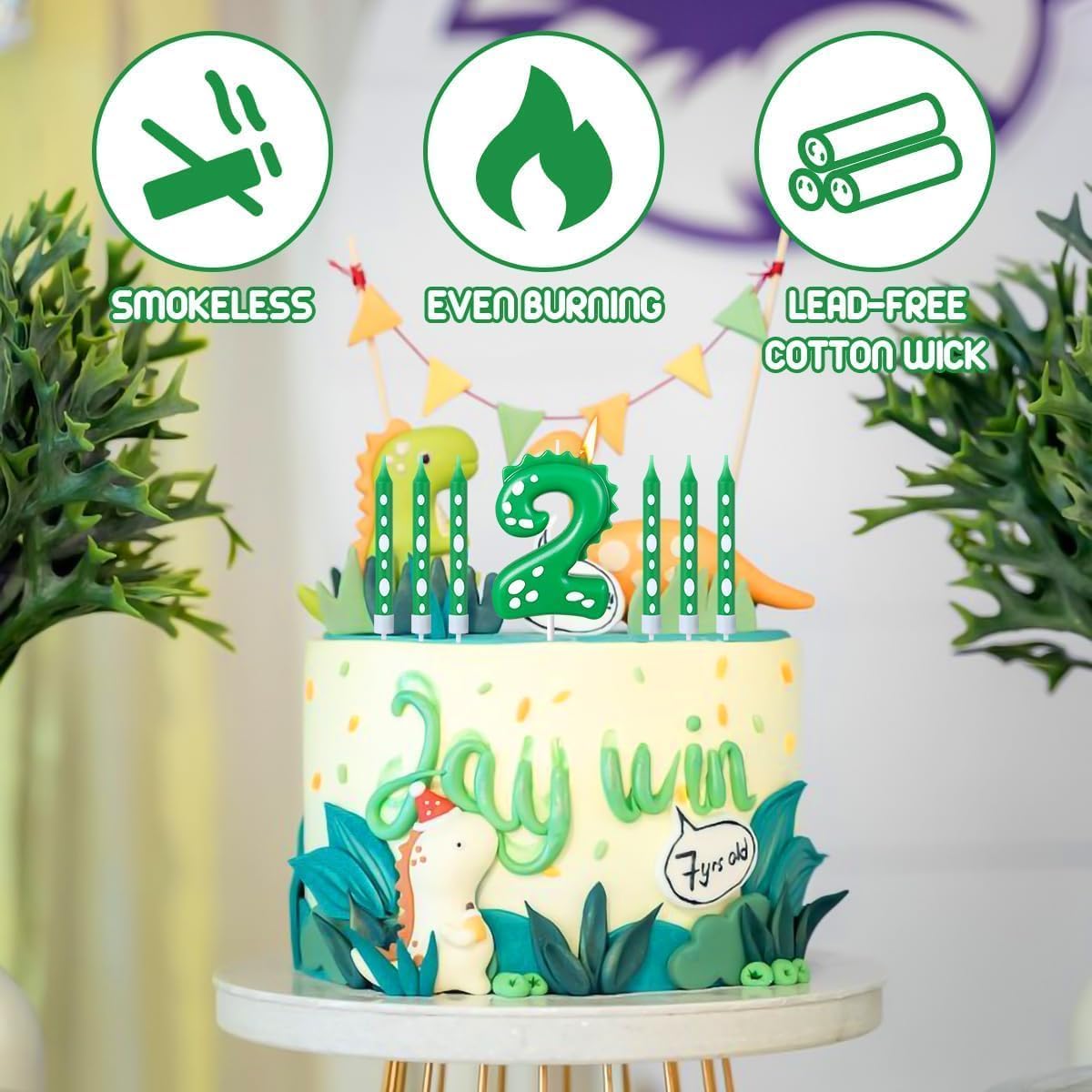 Candeline Compleanno Numeri 3, Candeline Dinosauro 3 Anno 3D, Candele Compleanno Numeri Verde con 8 Candele Sottili, Candele Torta Numero per Bimbi Tema Dino Feste e Compleanni (3