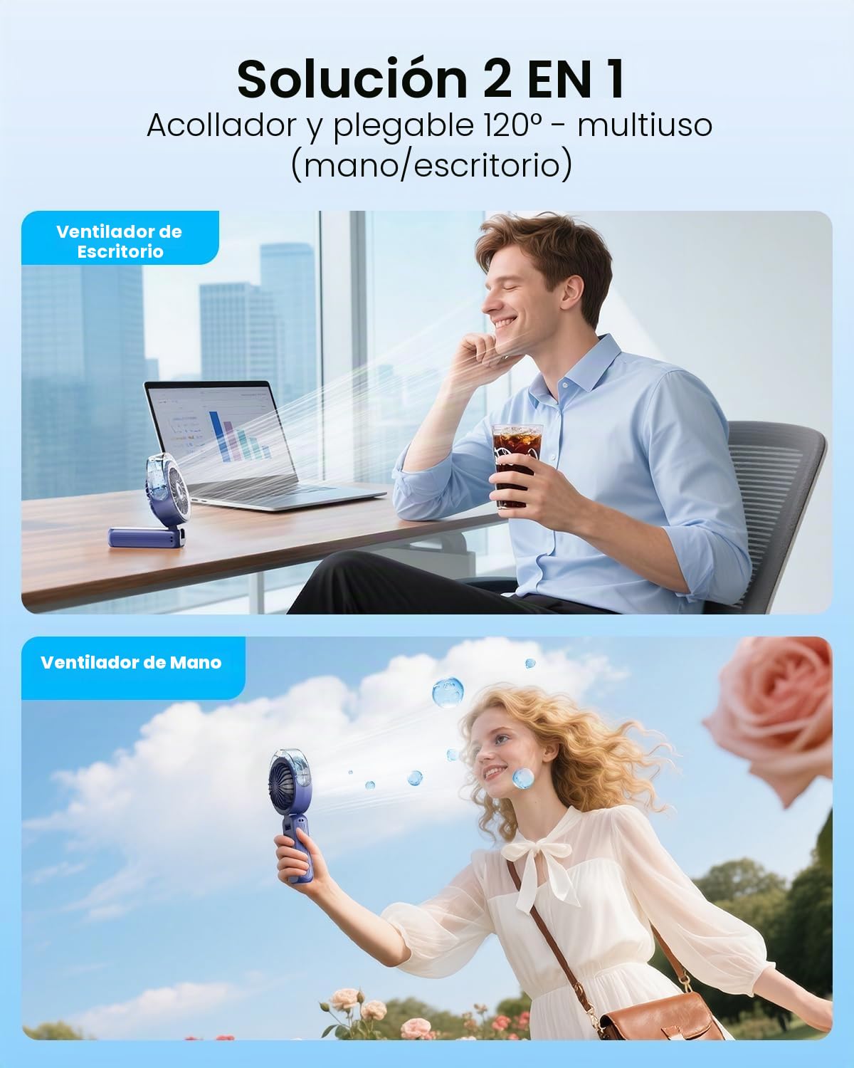 Otlonpe Ventilador de mano portátil, potente 4 velocidades de alta velocidad, recargable, pequeño ventilador de mano, niebla de agua, funciona con batería de 4000 mAh, plegable, cordón, refrigeración
