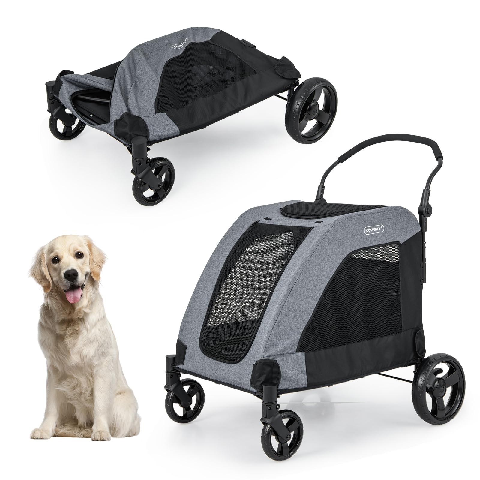 GOPLUS Poussette Pliable pour Chien et Chat | 60 kg Capacité | Poignée Réglable & Roues à 4 Roues | Lucarne et Fenêtres 