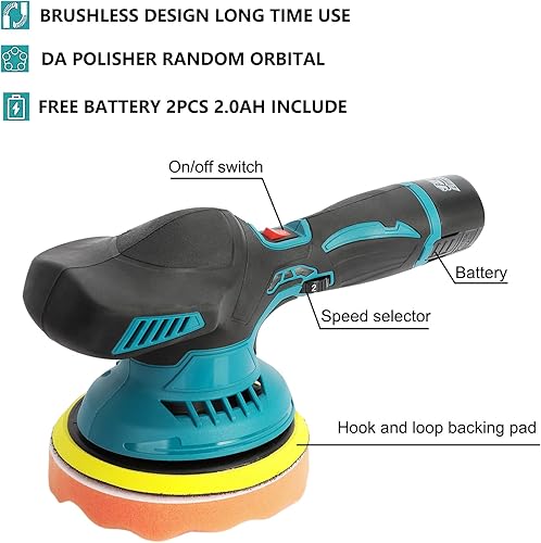 Miniatura 7 de Pulidor de automóvil de 6 velocidades variables, alimentado por batería, inalámbrico, potente motor, mango ergonómico, pulido de automóvil de doble