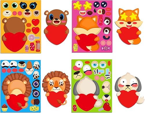 WaaHome Calcomanías para el día de San Valentín 24 hojas para hacer tu propio zorro perro oso león animales manualidades para niños día de San