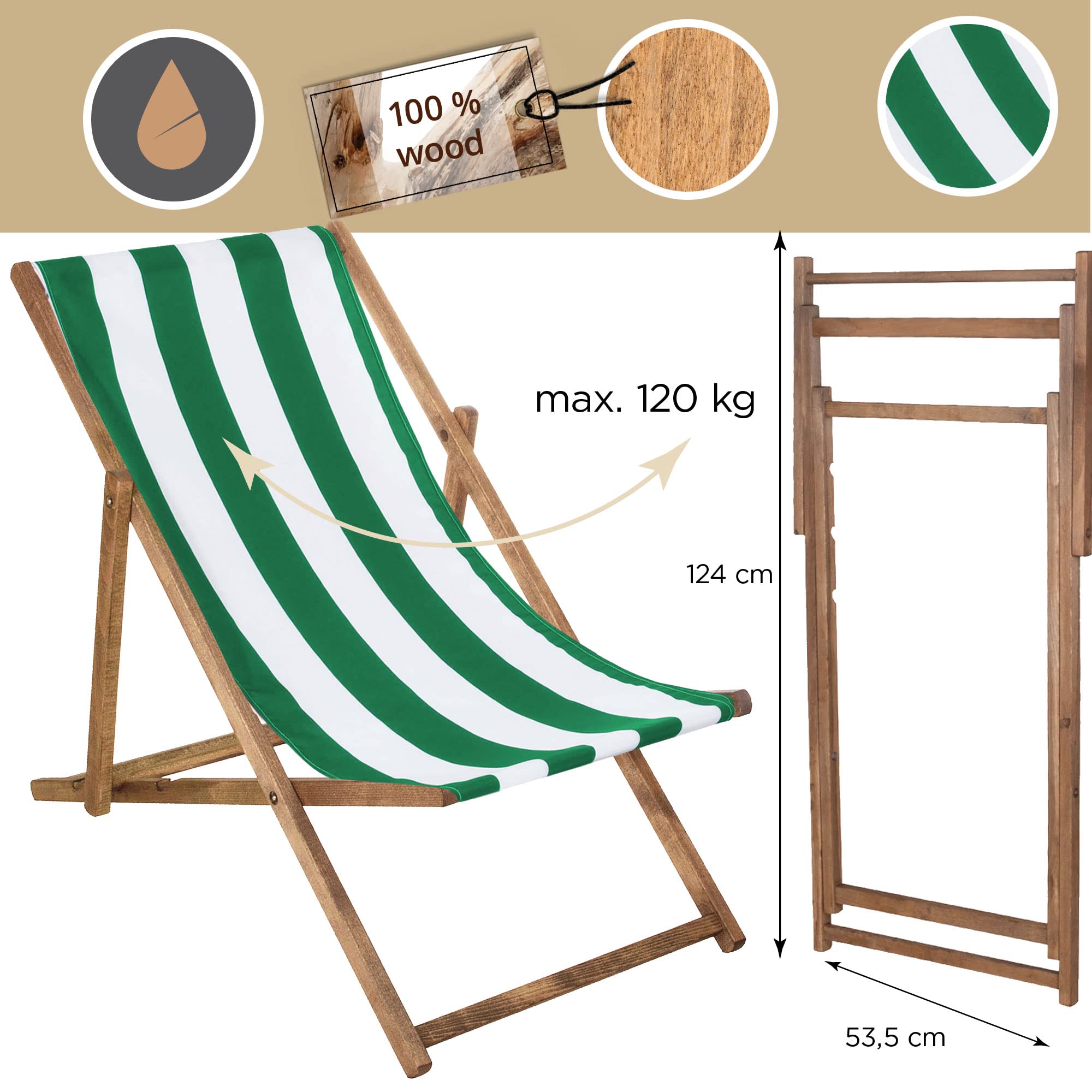 SPRINGOS Chaise longue pliante en bois imprégné Chaise longue pliante Chaise de camping Chaise de plage en bois de hêtre Blanc/Vert 58x124cm