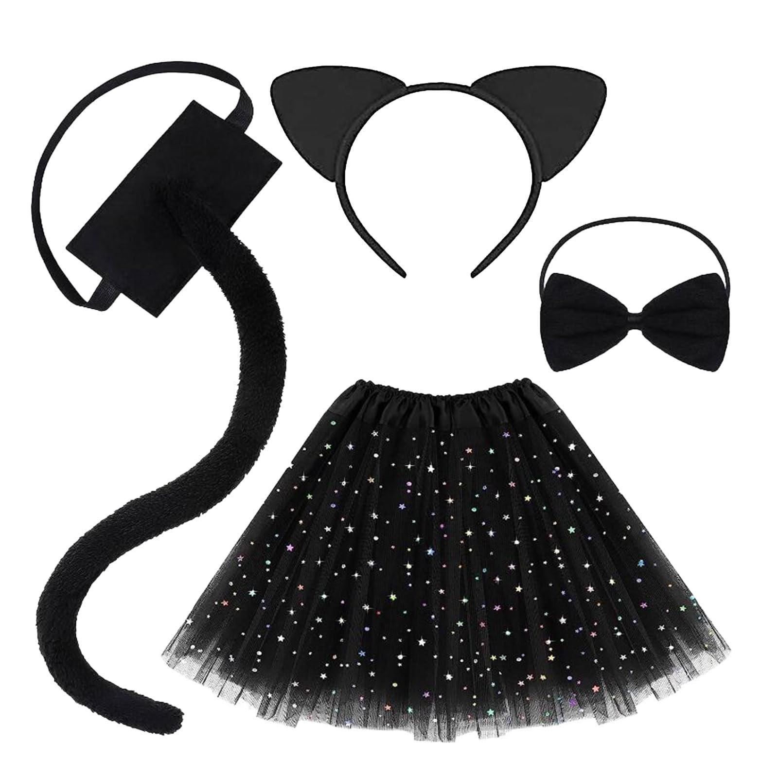 EUPSIIU 4 Piezas Disfraz de Gato Niña, Conjunto de Cosplay de Gato,Tutu Falda Orejas de Gato Pajarita Cola de Gato Disfraz para Halloween Carnaval Cosplay Disfraces de Animales para Niños