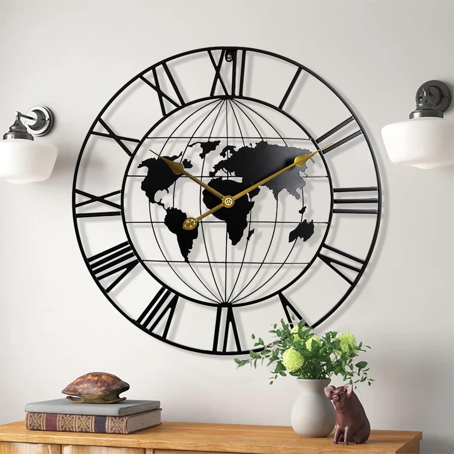 Nubilous Large World Map Wall Clock, Metal Minimalist Modern Clock, Round Silent Non-Ticking Battery Operated Wall Clocks for Living Room/Home/Kitchen/Bedroom/Office/School Decor (Black(DA-3), 40CM)-image-16
