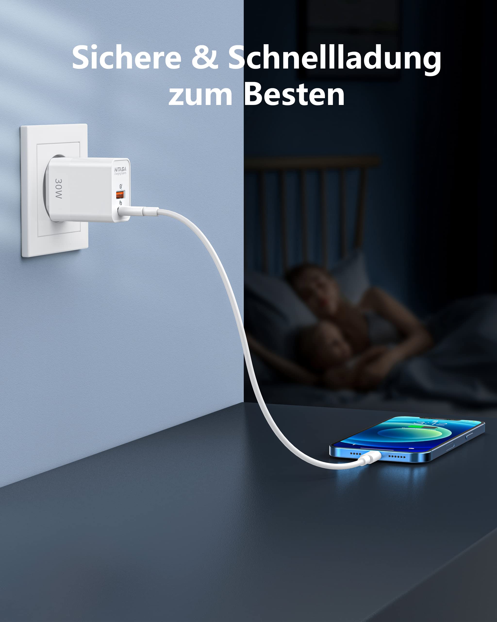 Caricatore USB C,NITASA 30W GaN 2 Port PD alimentatore usb c presa caricabatterie rapido per iphone 14 15/16 Pro Max/iPad,spina usb c caricabatterie(25W) per Samsung S23 S24 Google Pixel 7/8 8a/9 pro