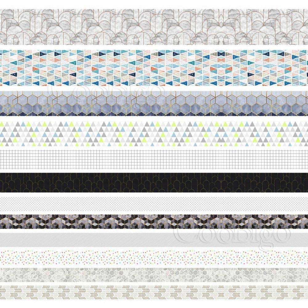 Zestaw taśm Washi, 12 rolek, 4 rozmiary, dekoracyjne taśmy maskujące Washi do rzemiosła, scrapbookingu, DIY, planerów, pakowania prezentów (wzór geometryczny)